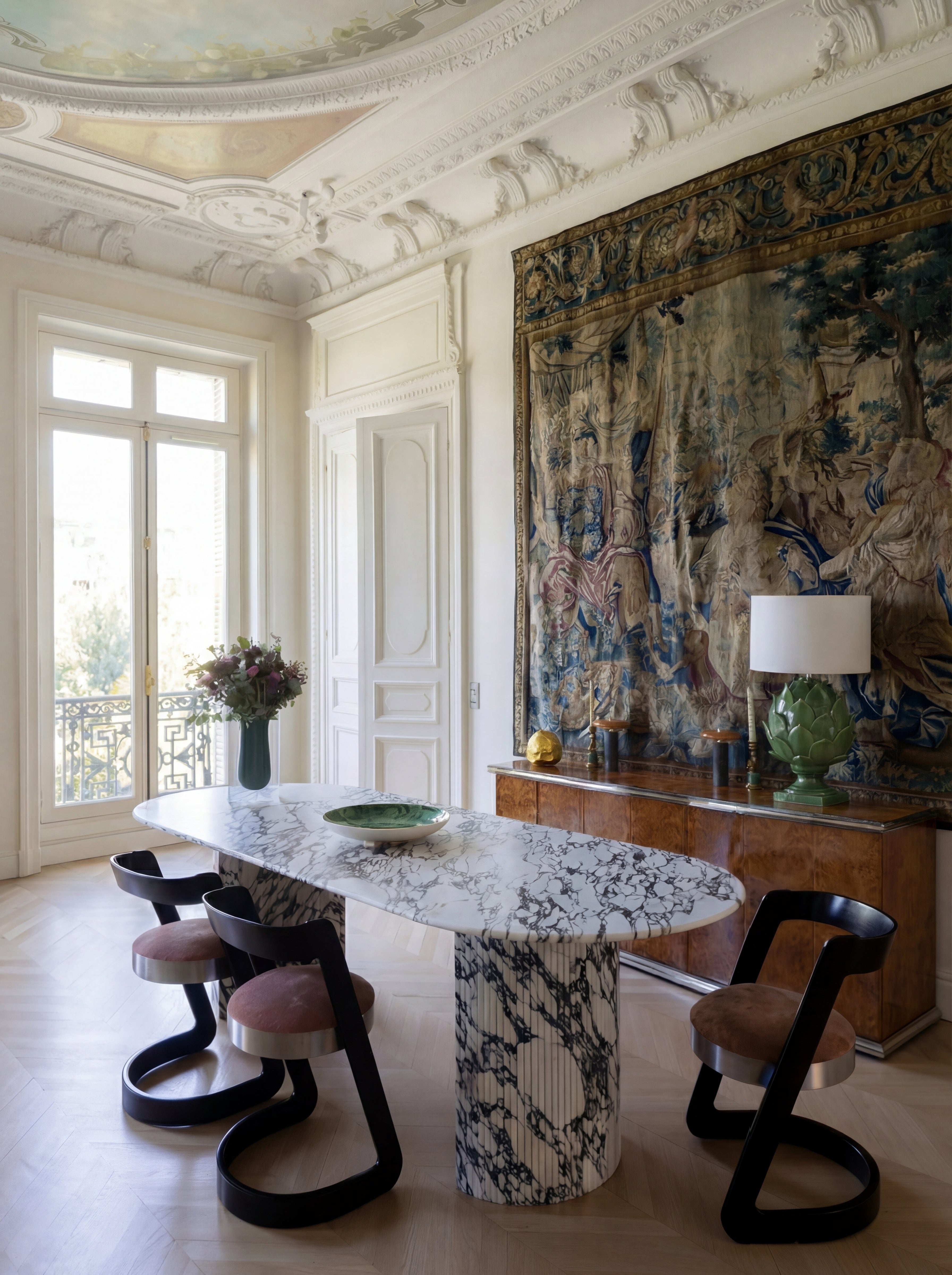 Luna Calacatta Viola marble dining table lifestyle setting - elegant Italian marble furniture interior