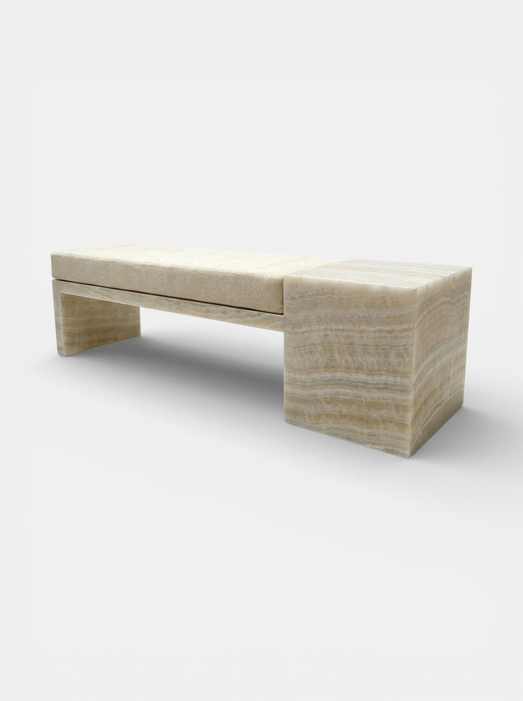 Luxury Meryl bench profile view highlighting ivory onyx marble and mohair upholstery contrast