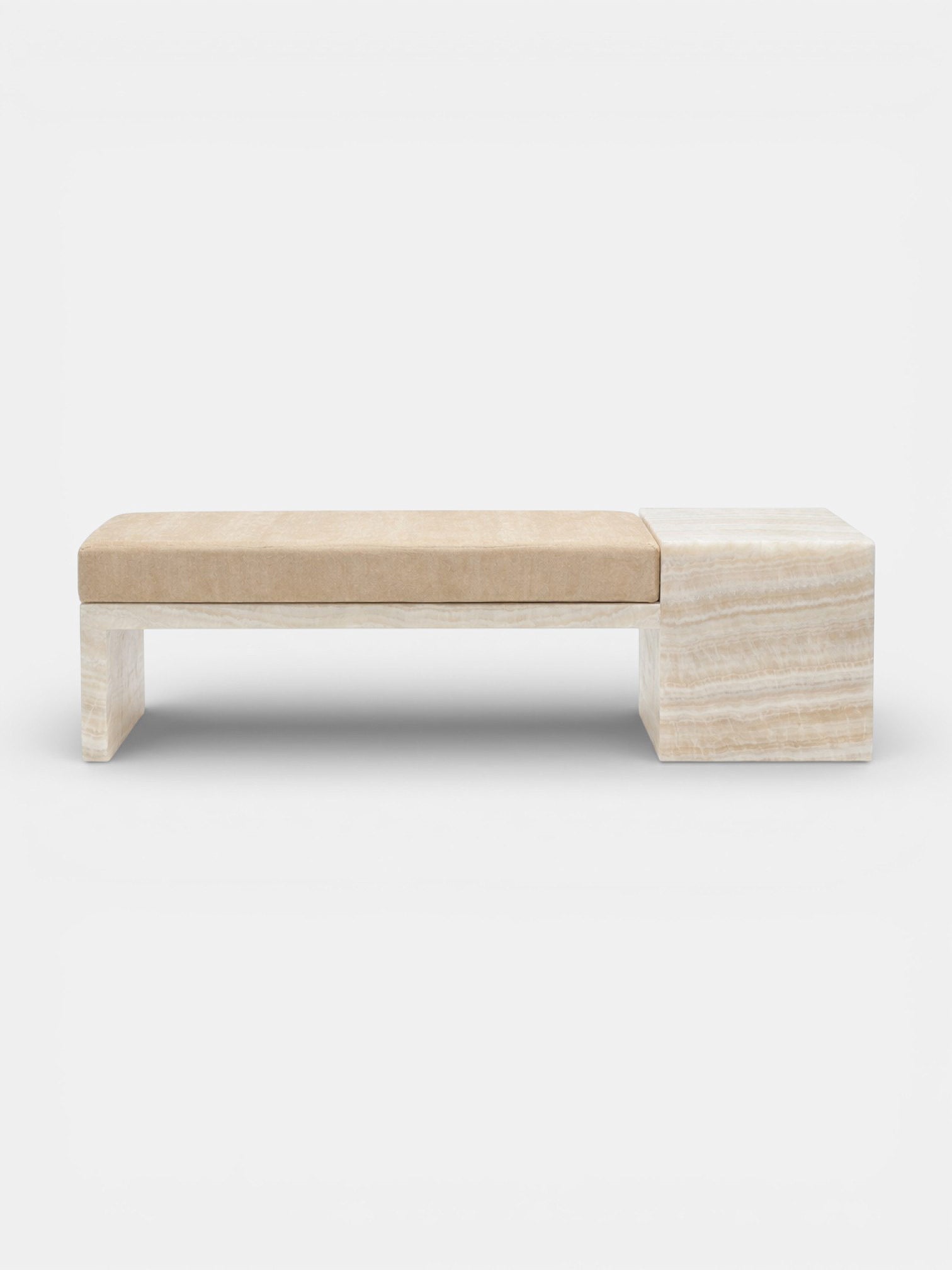 Meryl bench with ivory onyx marble base and mohair upholstery, luxury Italian furniture