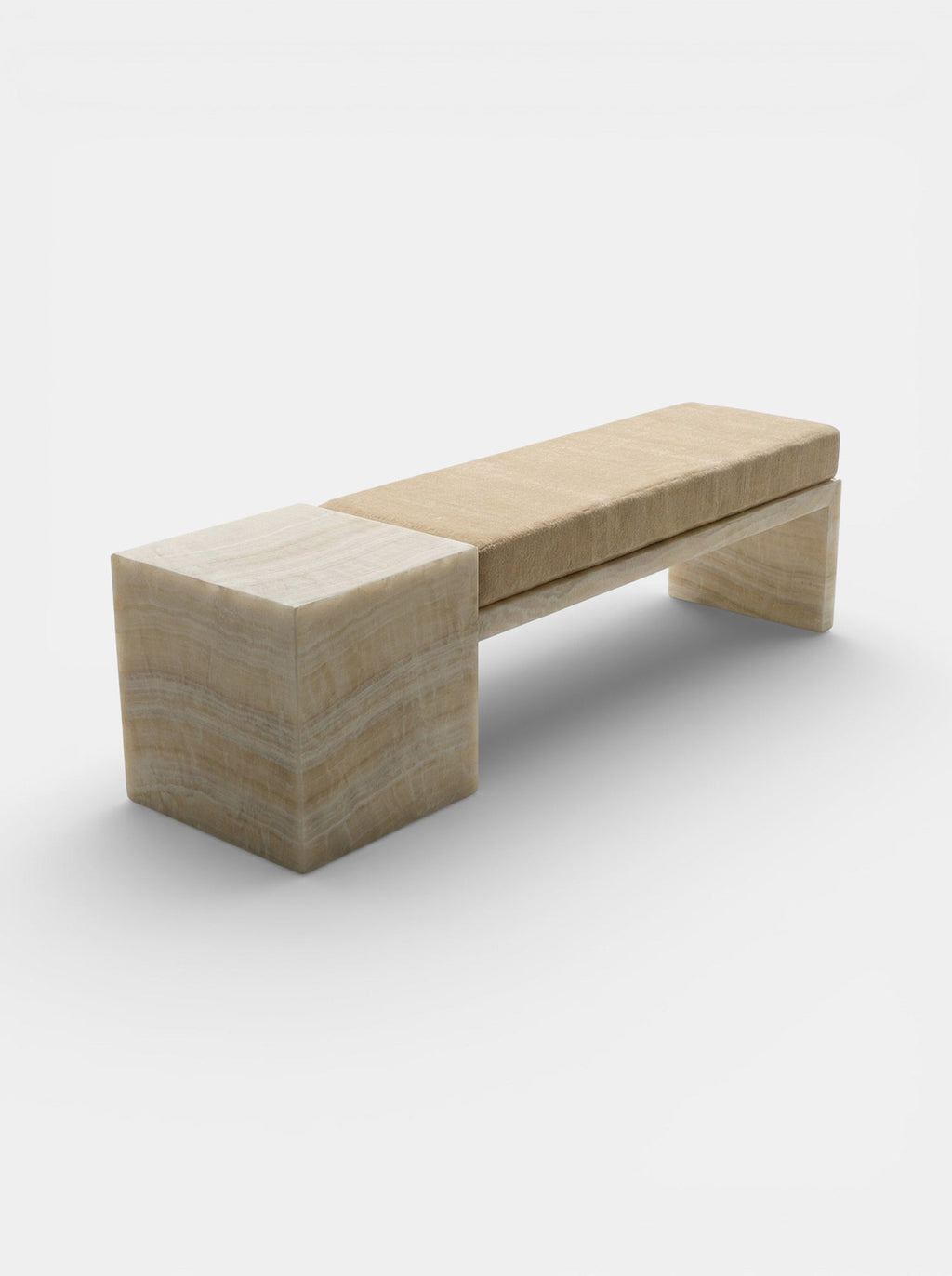 Italian Meryl bench three-quarter view showing ivory onyx base and plush mohair seating