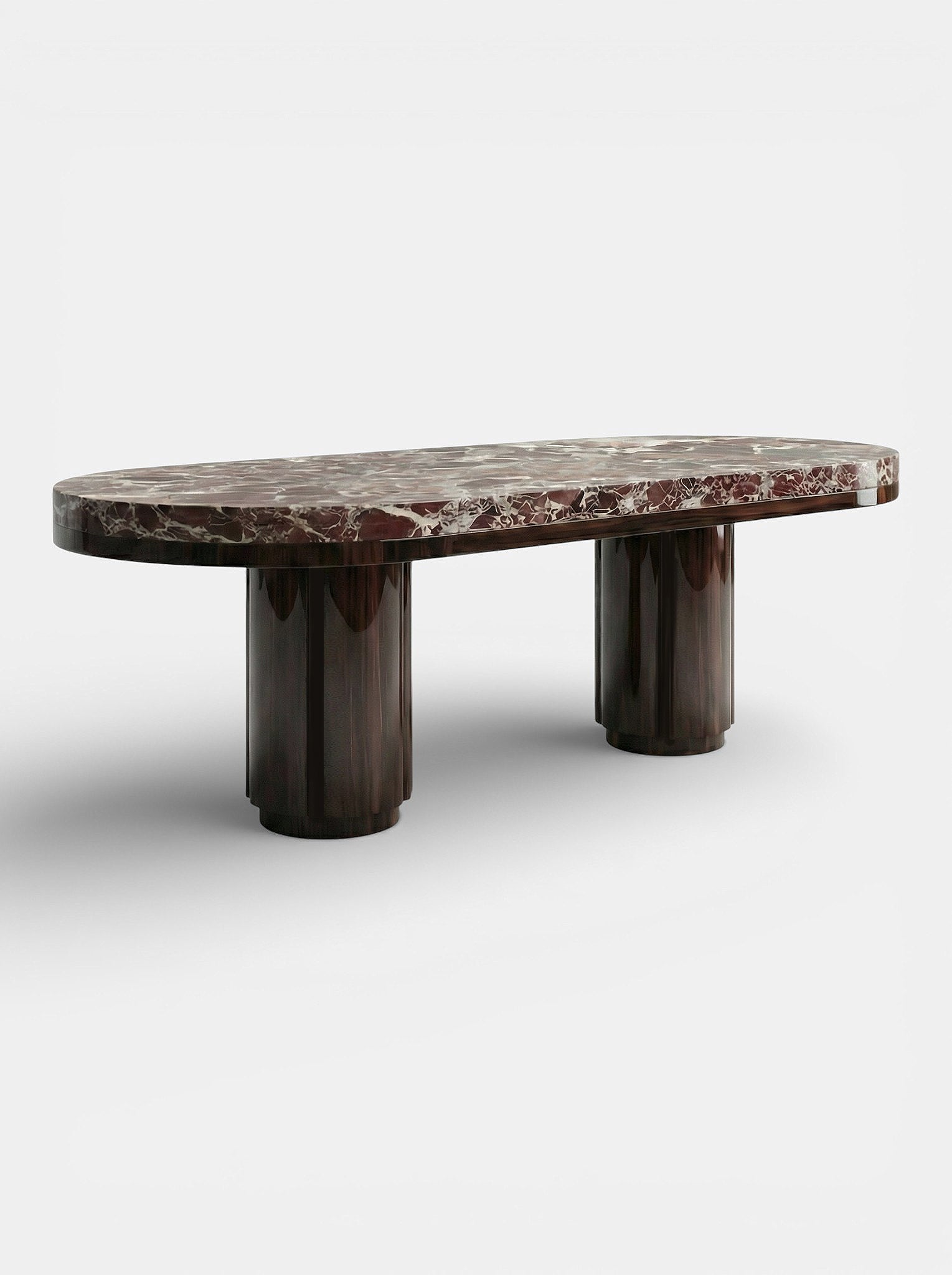 Rosso Levanto marble dining table front view showing rich red veining and wood pedestal