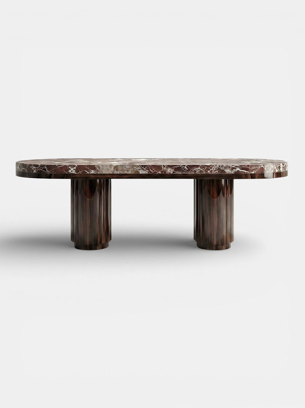 Mira dining table with Rosso Levanto red marble top and wood base, luxury Italian design
