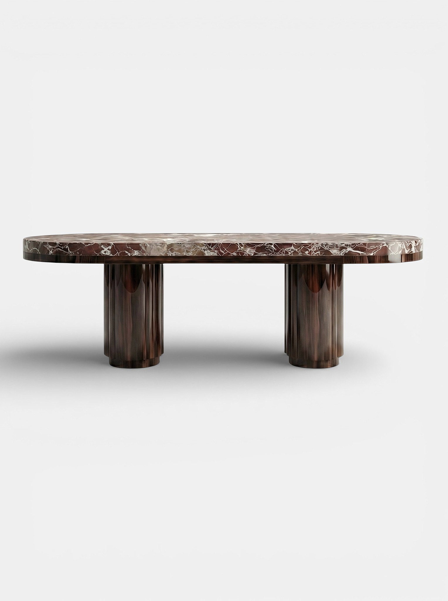 Mira dining table with Rosso Levanto red marble top and wood base, luxury Italian design