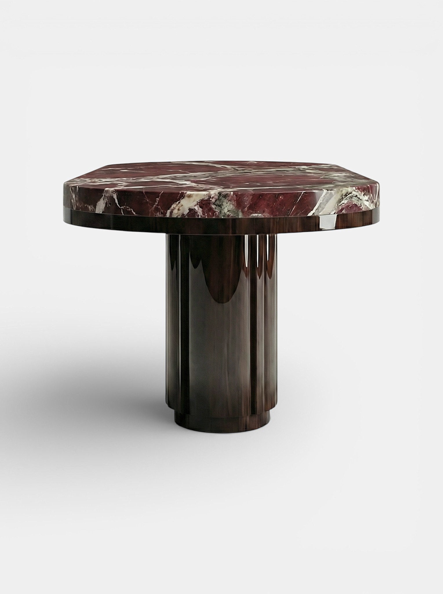 Mira table detail view of Rosso Levanto marble surface and wood base connection