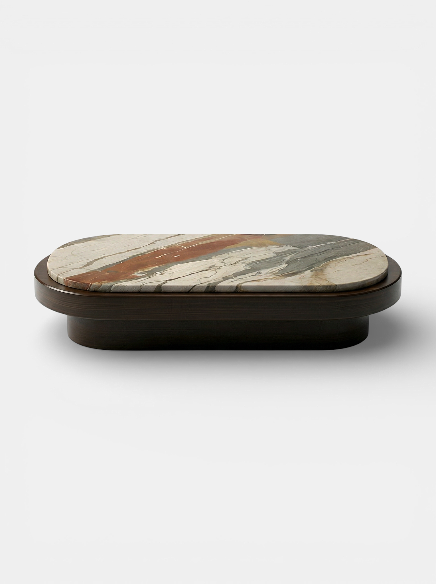 Mirage coffee table with Breccia Fantastica marble top and wood base, Italian craftsmanship