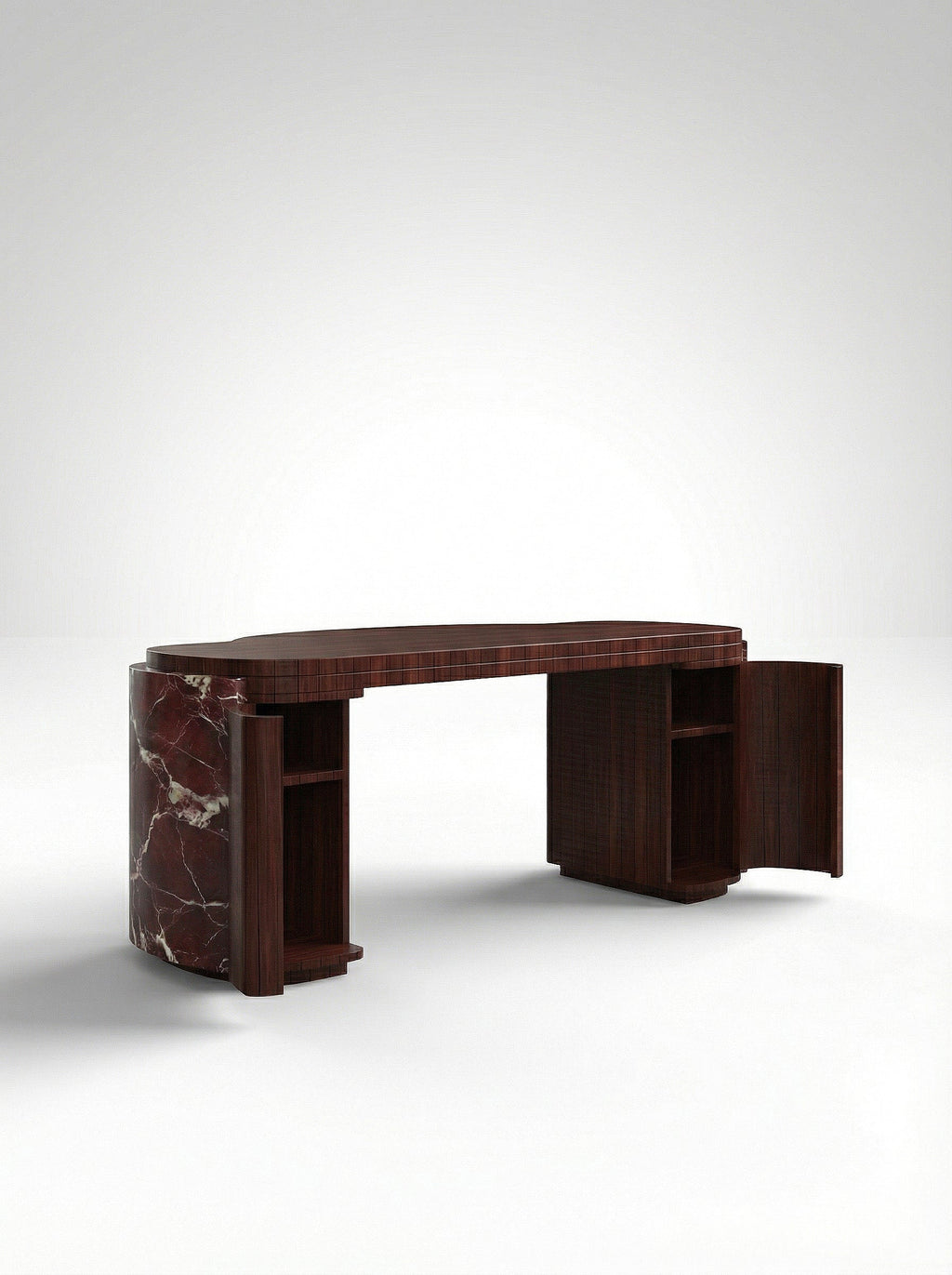 MARBERA Moka Rosso Levanto and wood luxury desk - Italian marble office furniture front angle