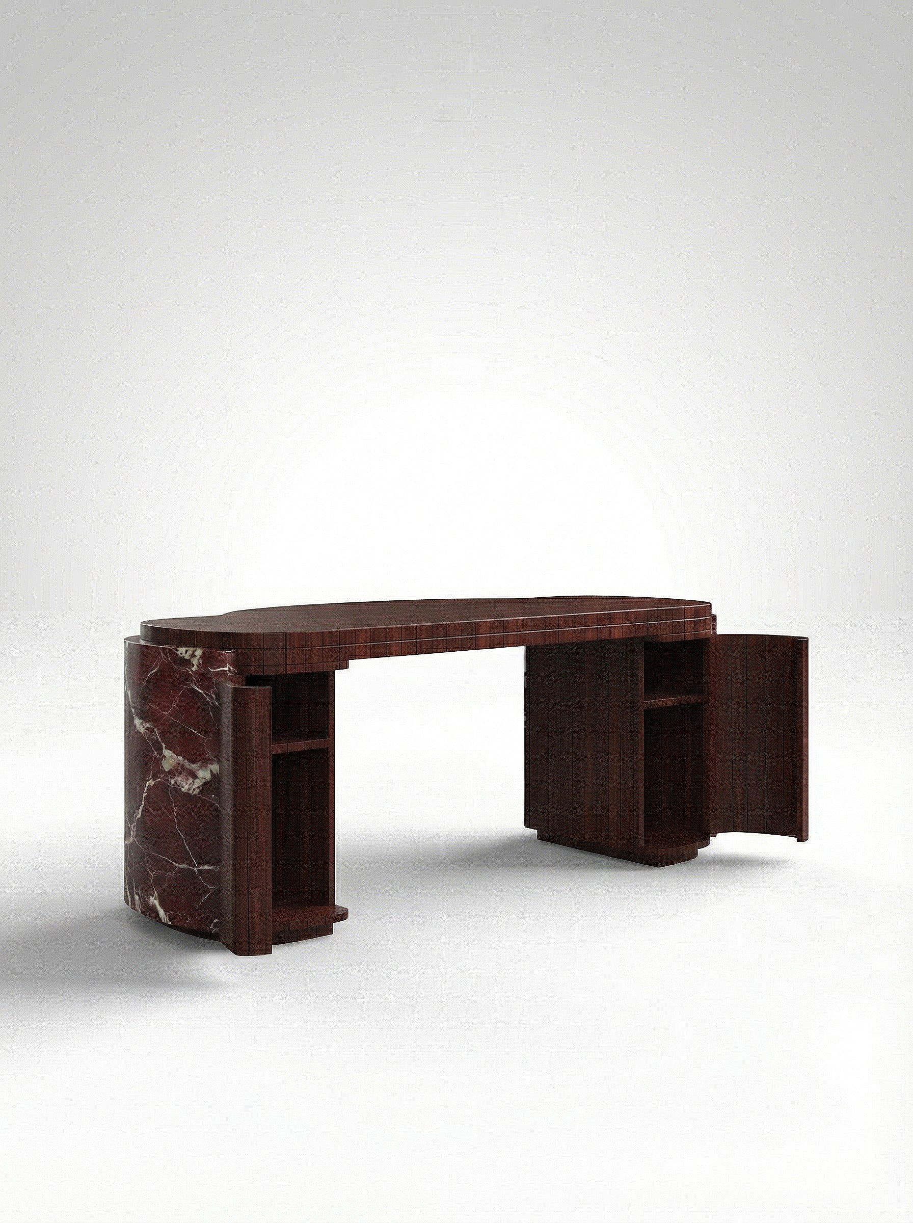 MARBERA Moka Rosso Levanto and wood luxury desk - Italian marble office furniture front angle