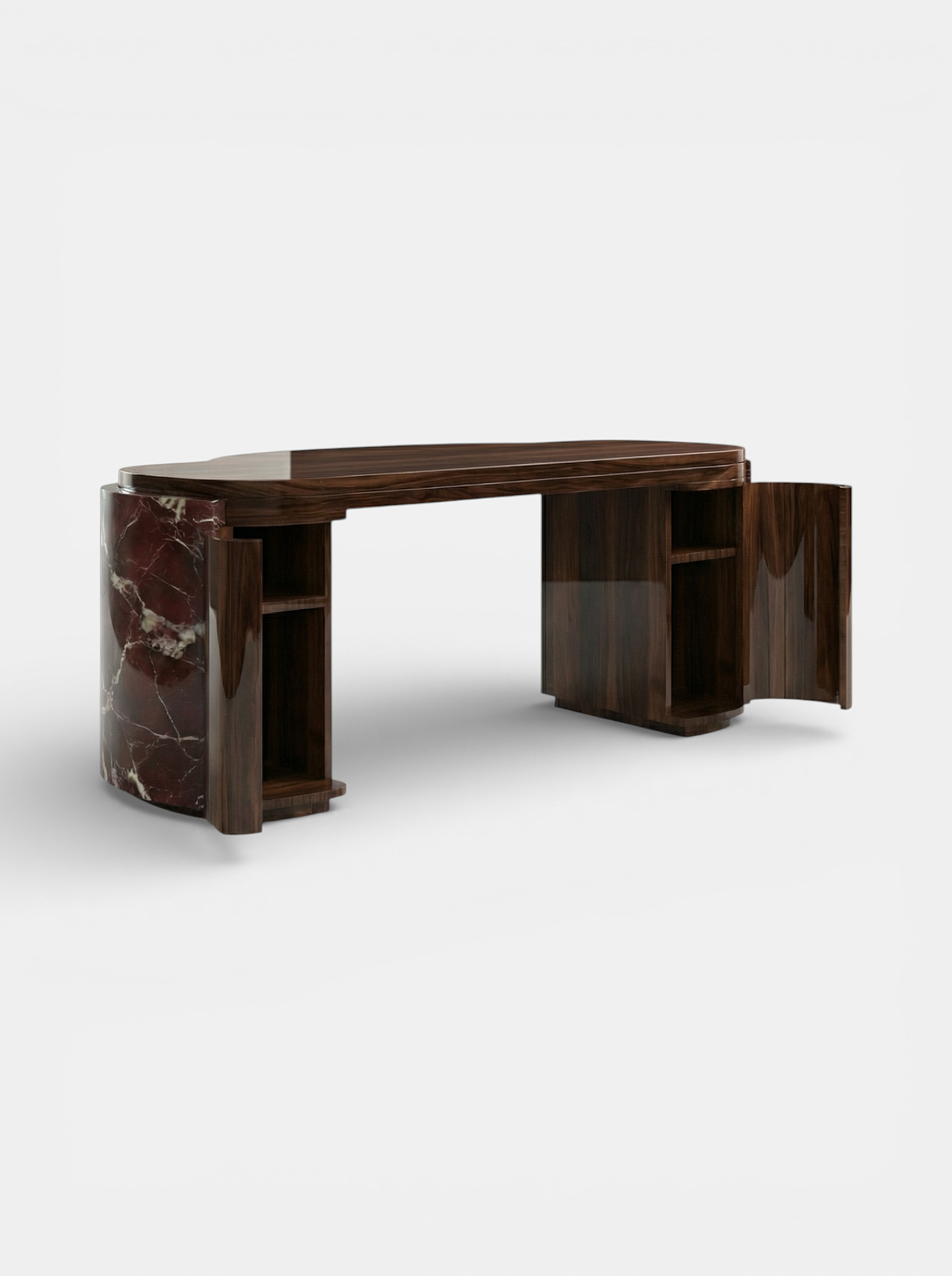 MARBERA Moka desk Italian crafted Rosso Levanto marble with wood - close-up luxury design