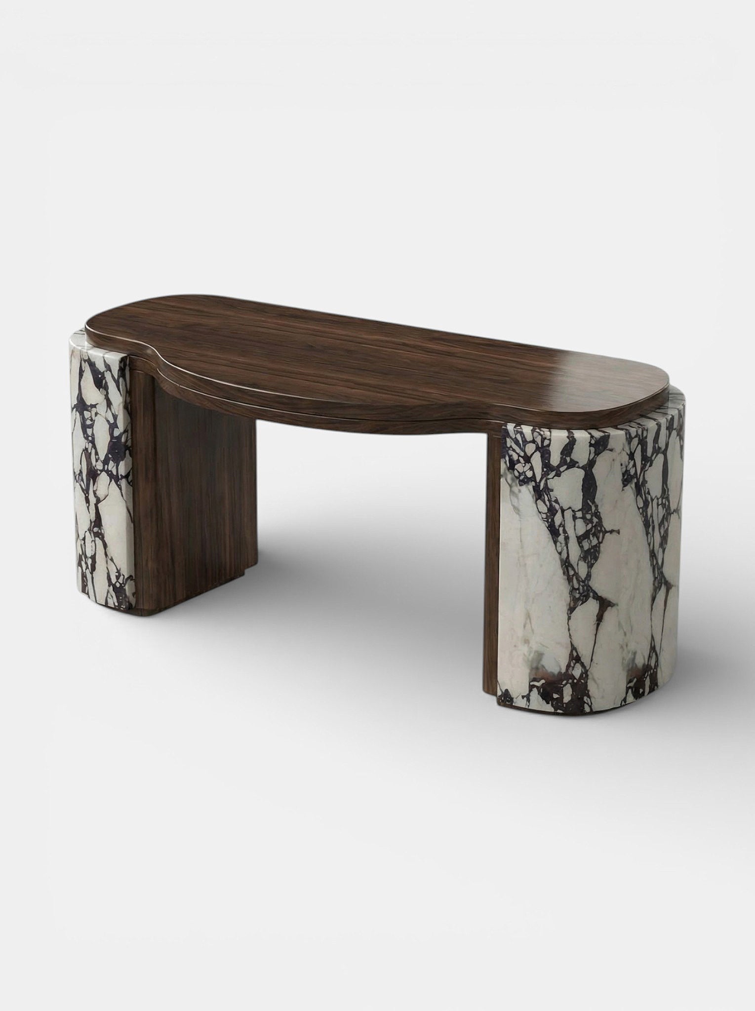 MARBERA Moka desk Italian luxury Calacatta Viola marble with natural wood - front perspective