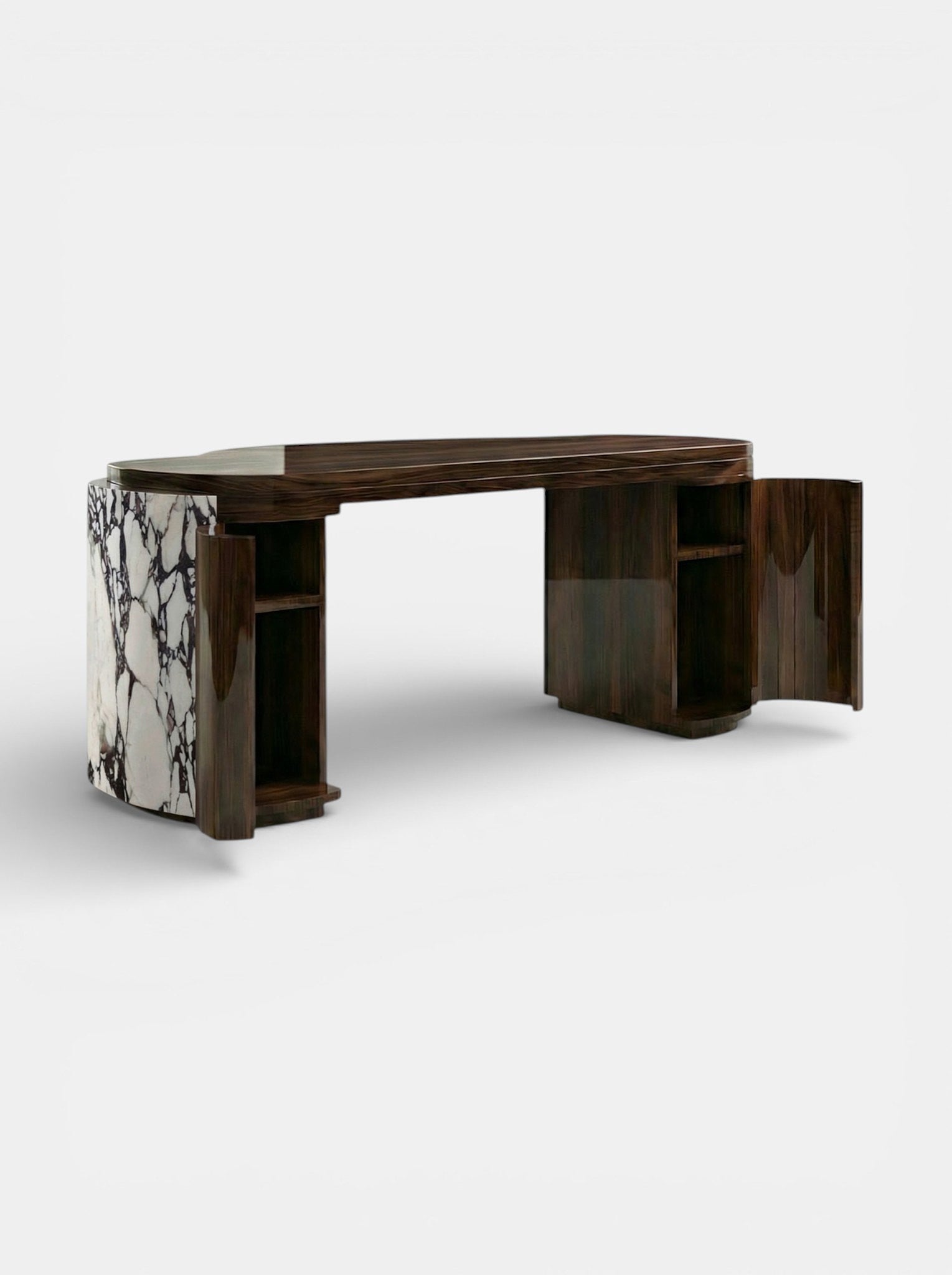 MARBERA Moka desk Calacatta Viola marble with wood - side angle Italian luxury office design