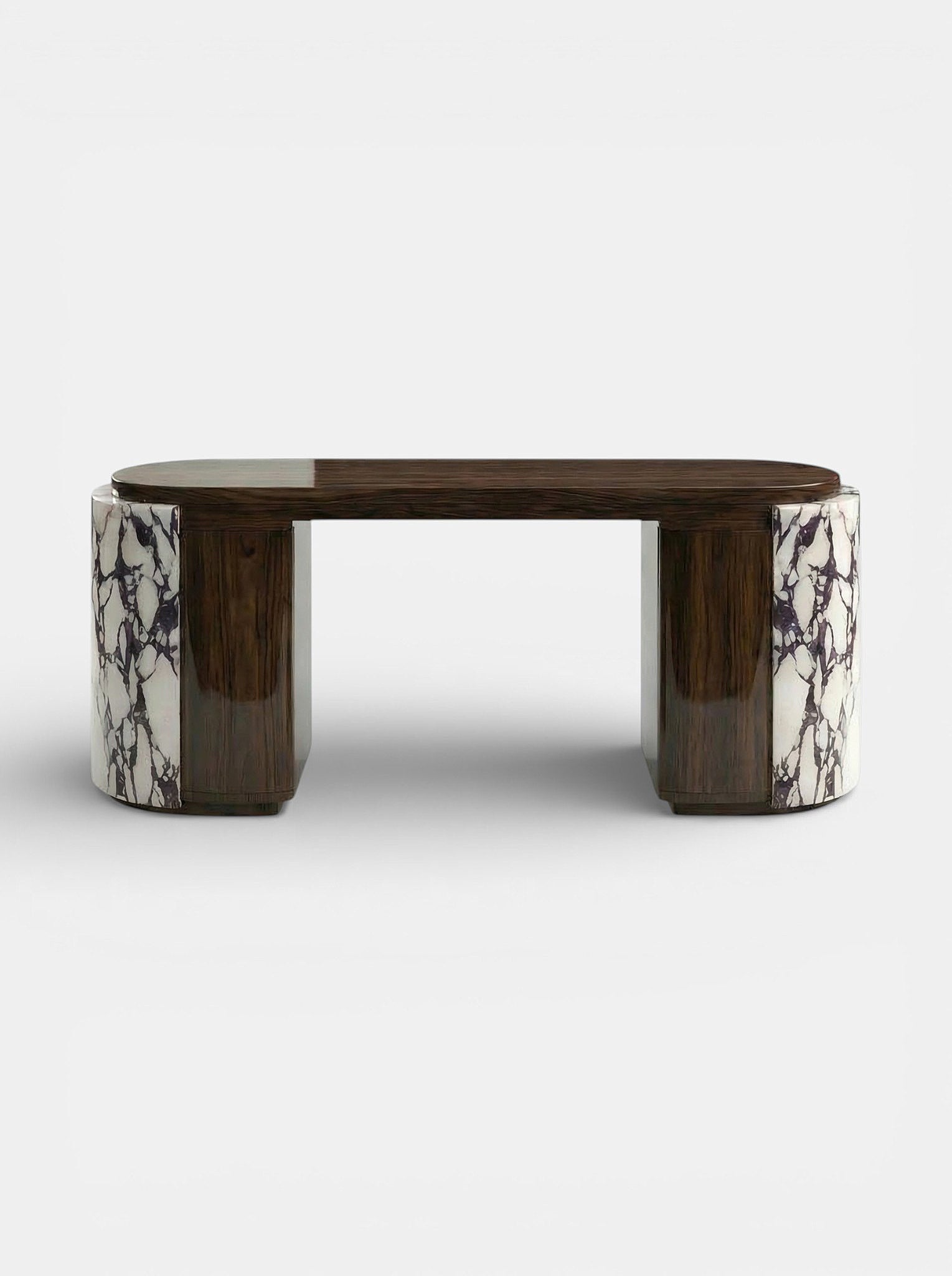 MARBERA Moka Calacatta Viola marble and wood desk - detailed view Italian luxury workspace furniture