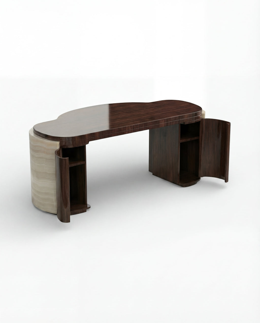 MARBERA Moka ivory onyx and wood desk - front view Italian luxury marble office workspace