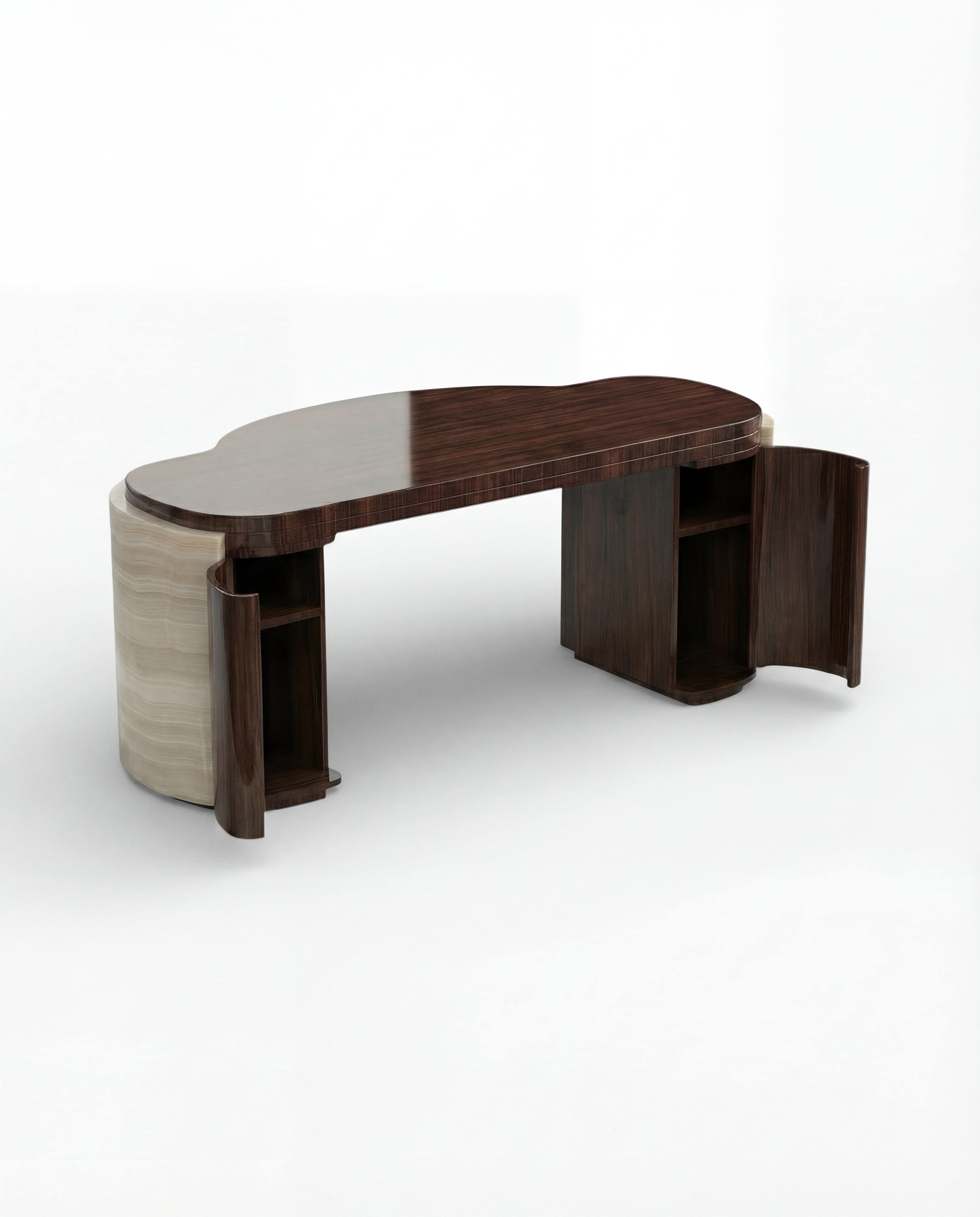 MARBERA Moka ivory onyx and wood desk - front view Italian luxury marble office workspace