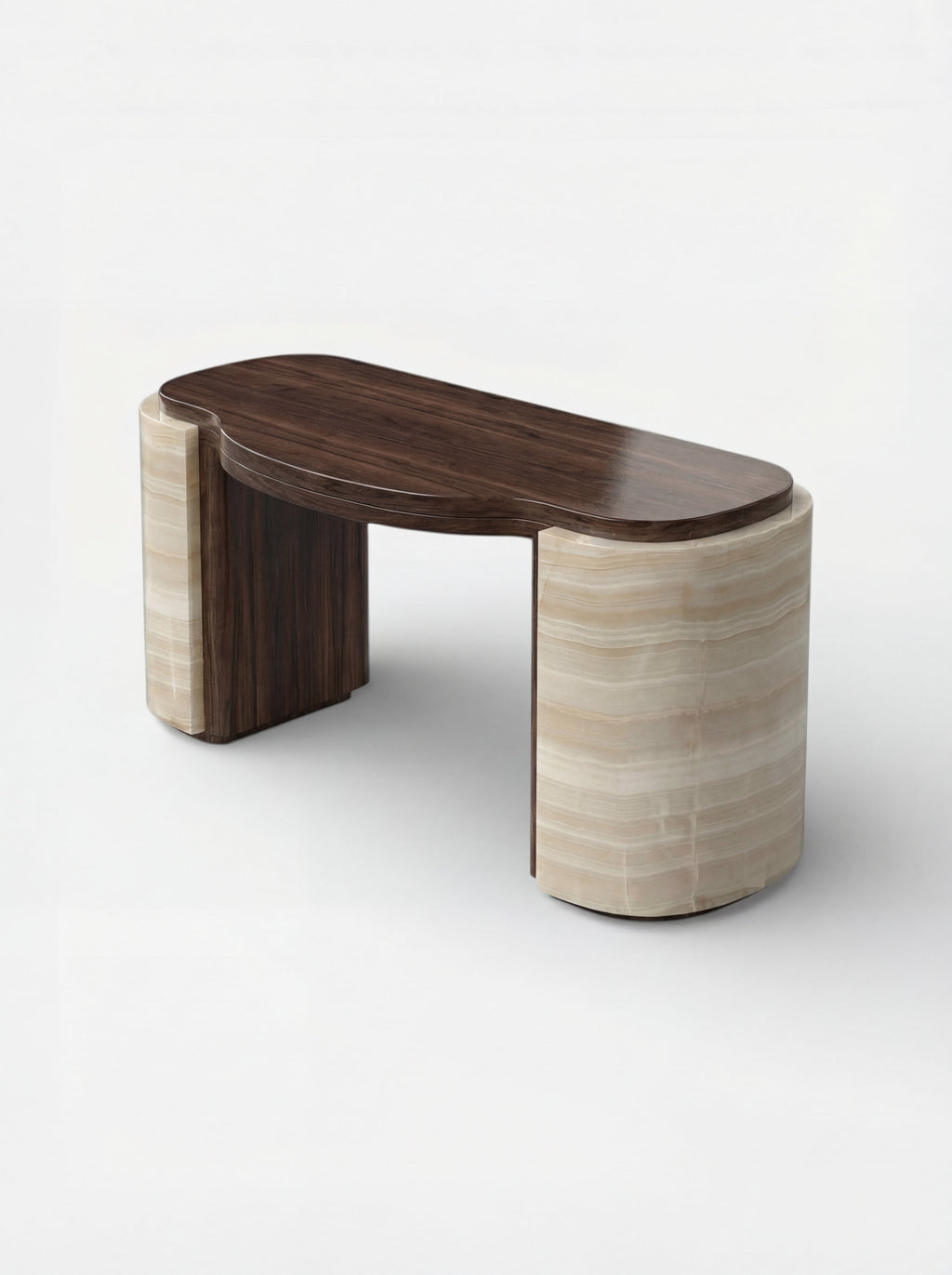 MARBERA Moka ivory onyx and wood luxury desk - side angle Italian crafted office furniture