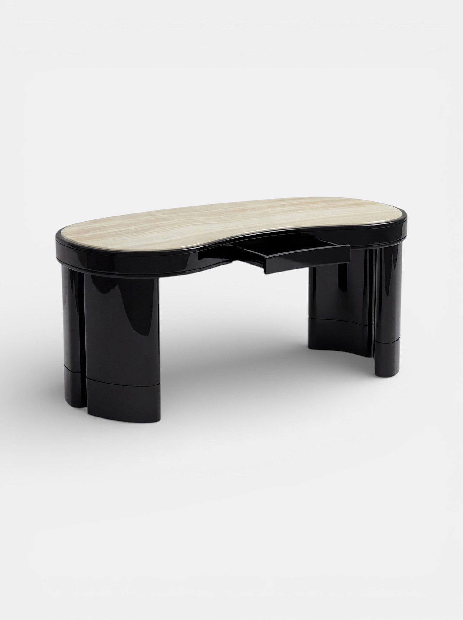 Italian handcrafted Nicola desk in black and ivory onyx marble - front view showcasing elegant design