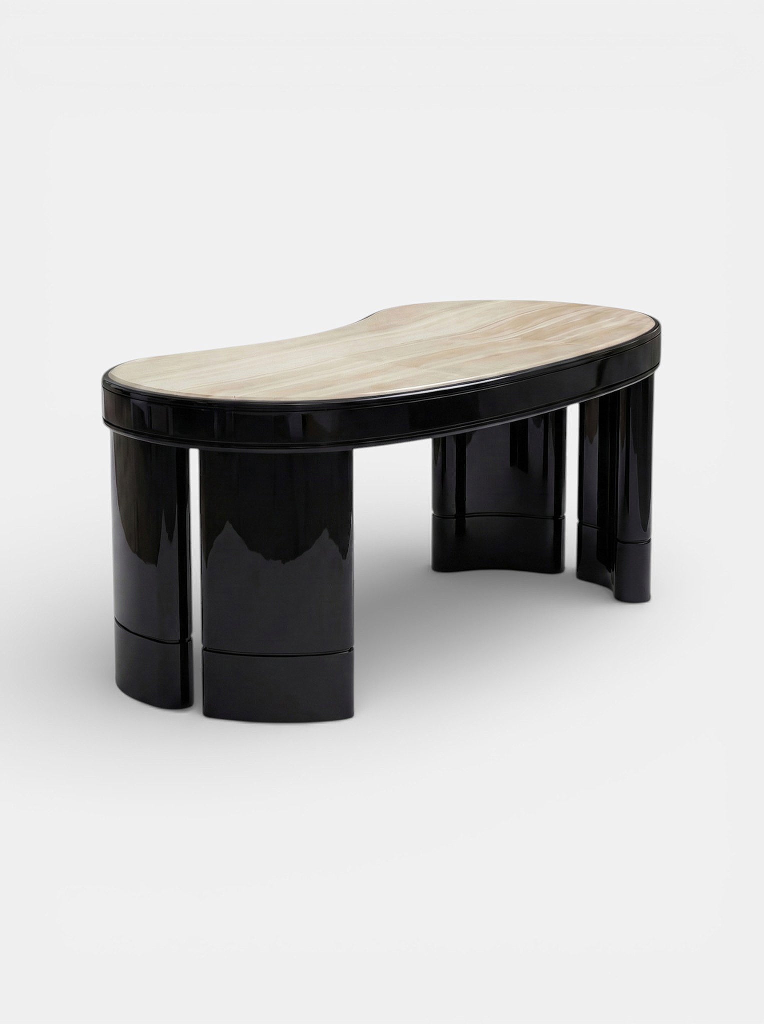 Premium Italian Nicola desk in black and ivory onyx stone - three-quarter view showing workspace surface