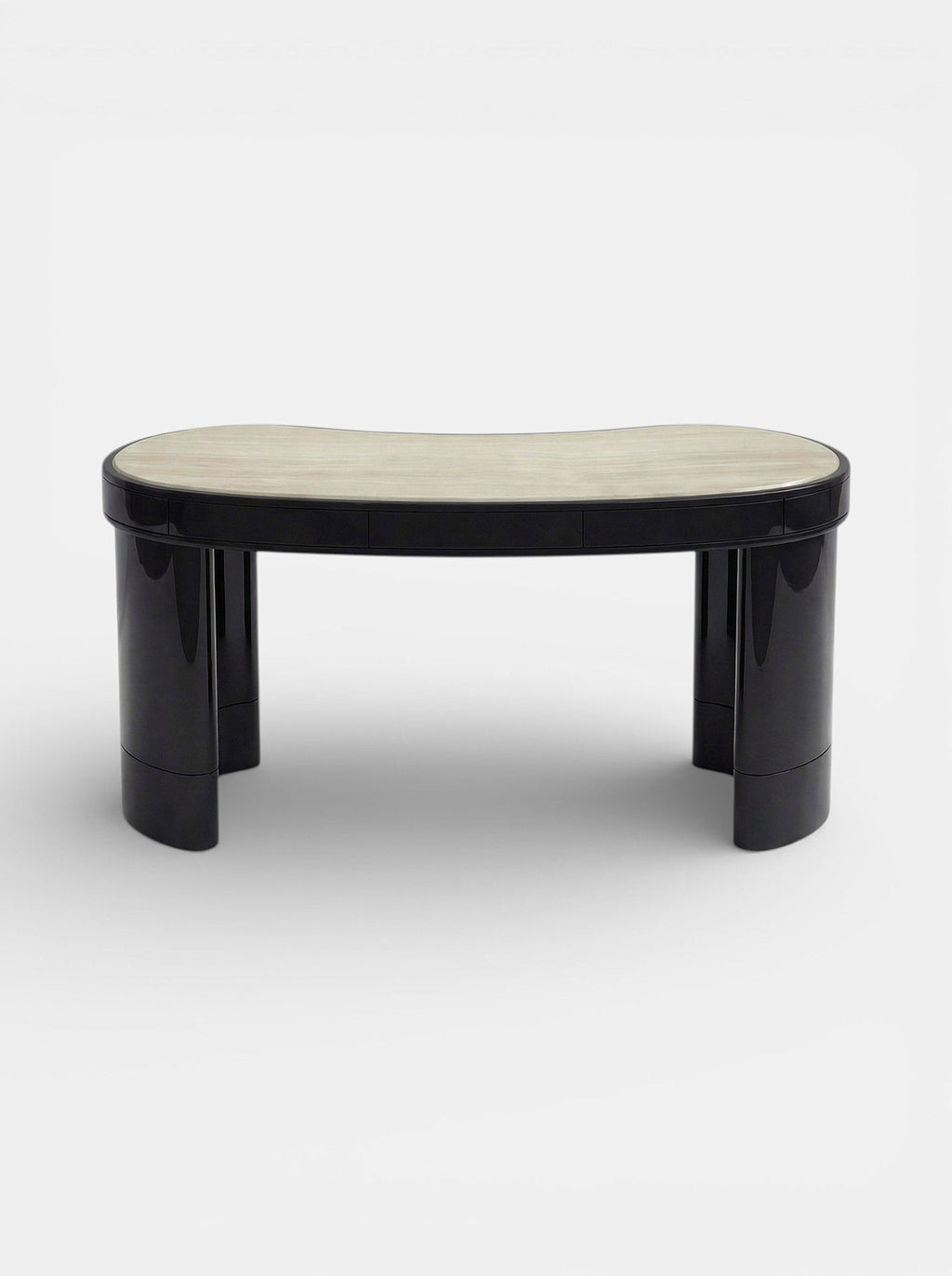Luxury Nicola desk crafted in black and ivory onyx marble - detailed close-up view of natural stone veining