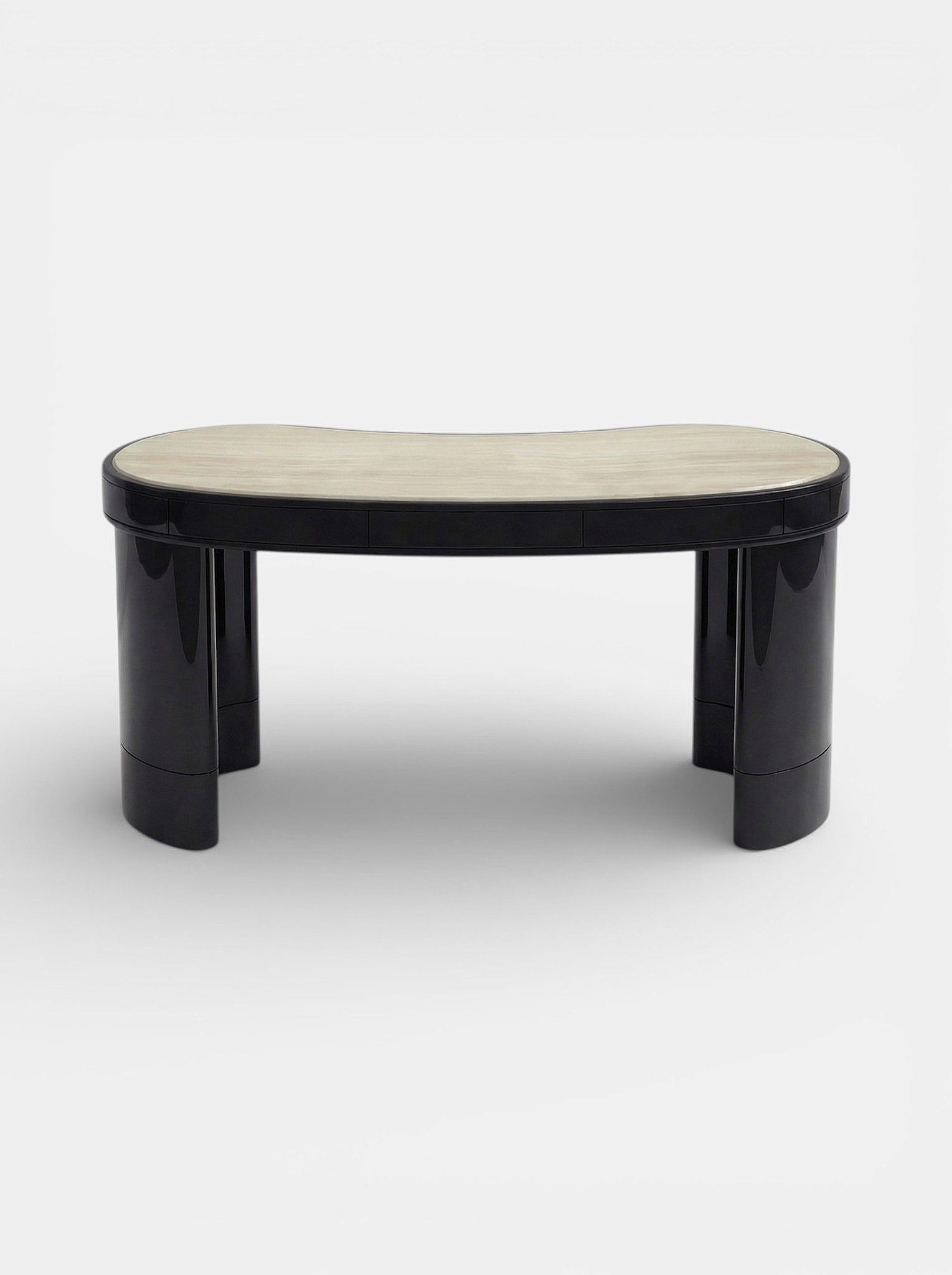 Luxury Nicola desk crafted in black and ivory onyx marble - detailed close-up view of natural stone veining
