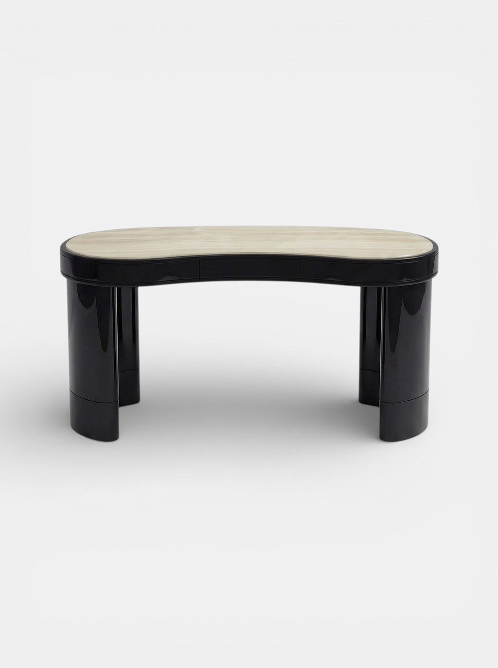 Handcrafted Nicola onyx marble desk - rear perspective view of black and ivory natural stone furniture