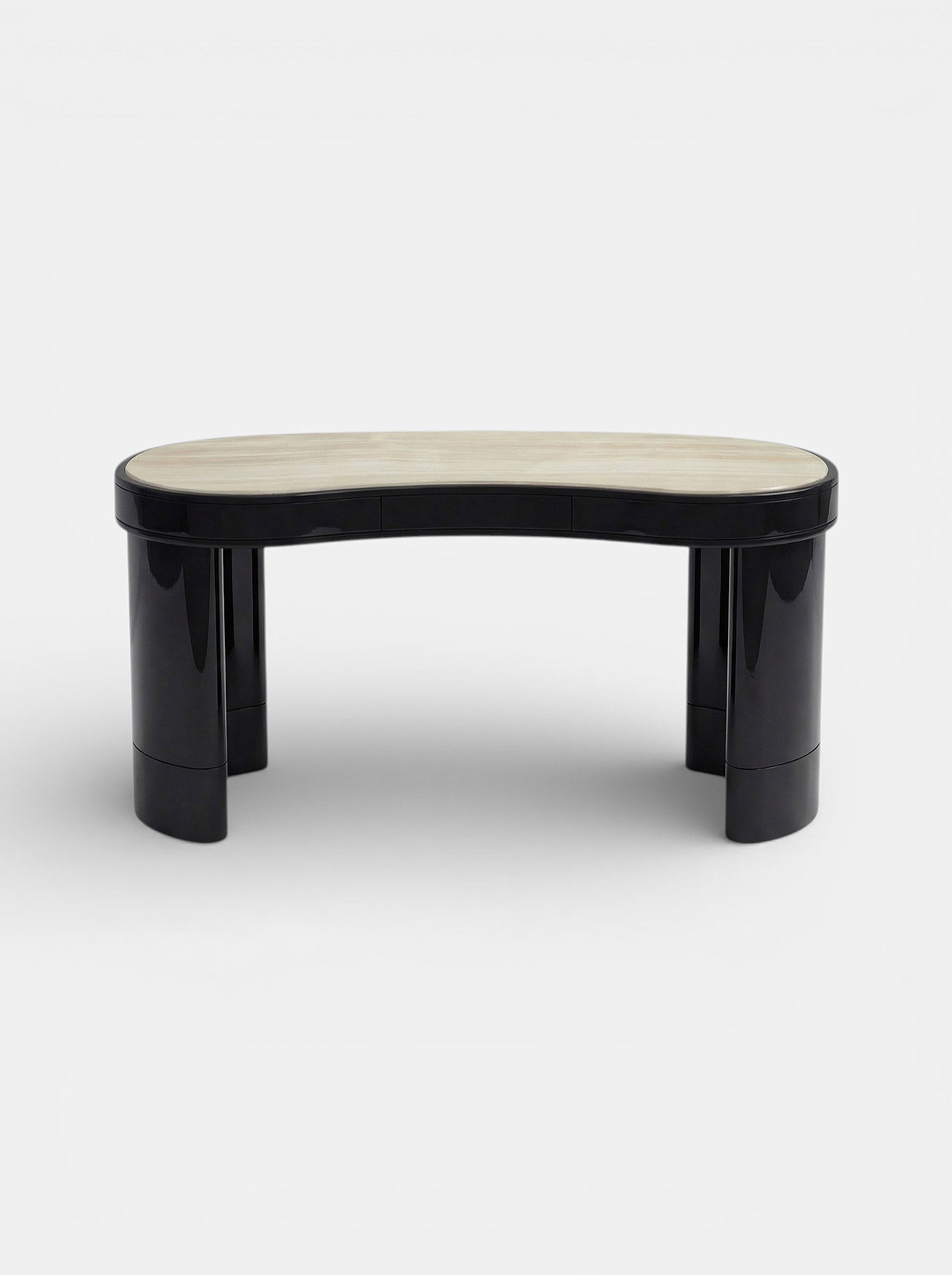 Handcrafted Nicola onyx marble desk - rear perspective view of black and ivory natural stone furniture