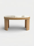 MARBERA Nicola desk in oak wood with Shell Onyx marble top - front view showcasing natural contrast