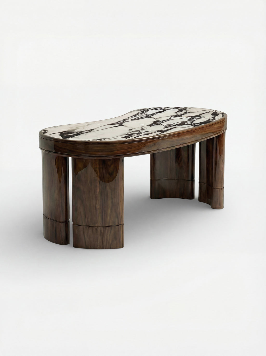 Luxury Nicola desk wood and Calacatta Viola marble - full front view of Italian furniture craftsmanship