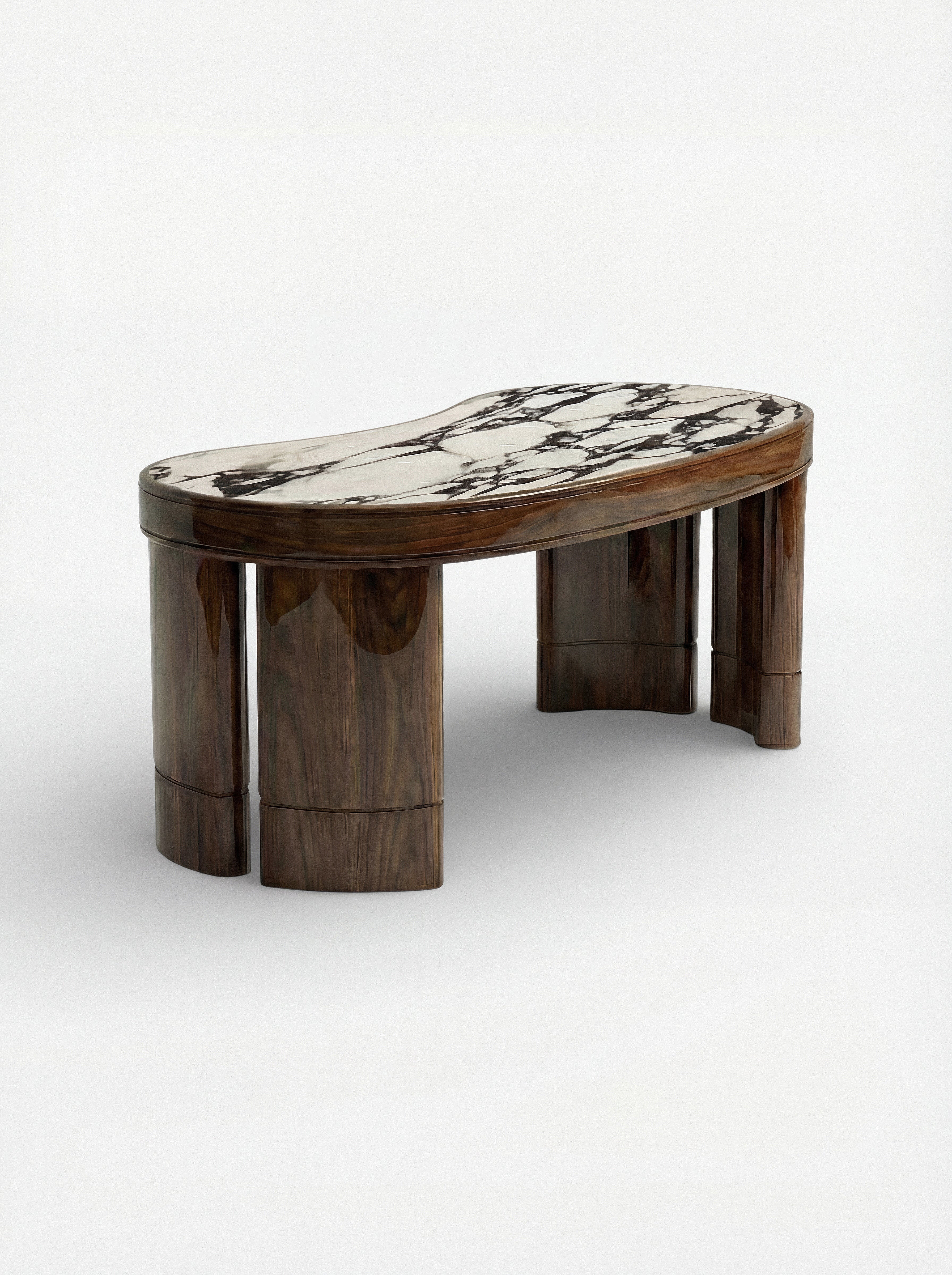 Luxury Nicola desk wood and Calacatta Viola marble - full front view of Italian furniture craftsmanship