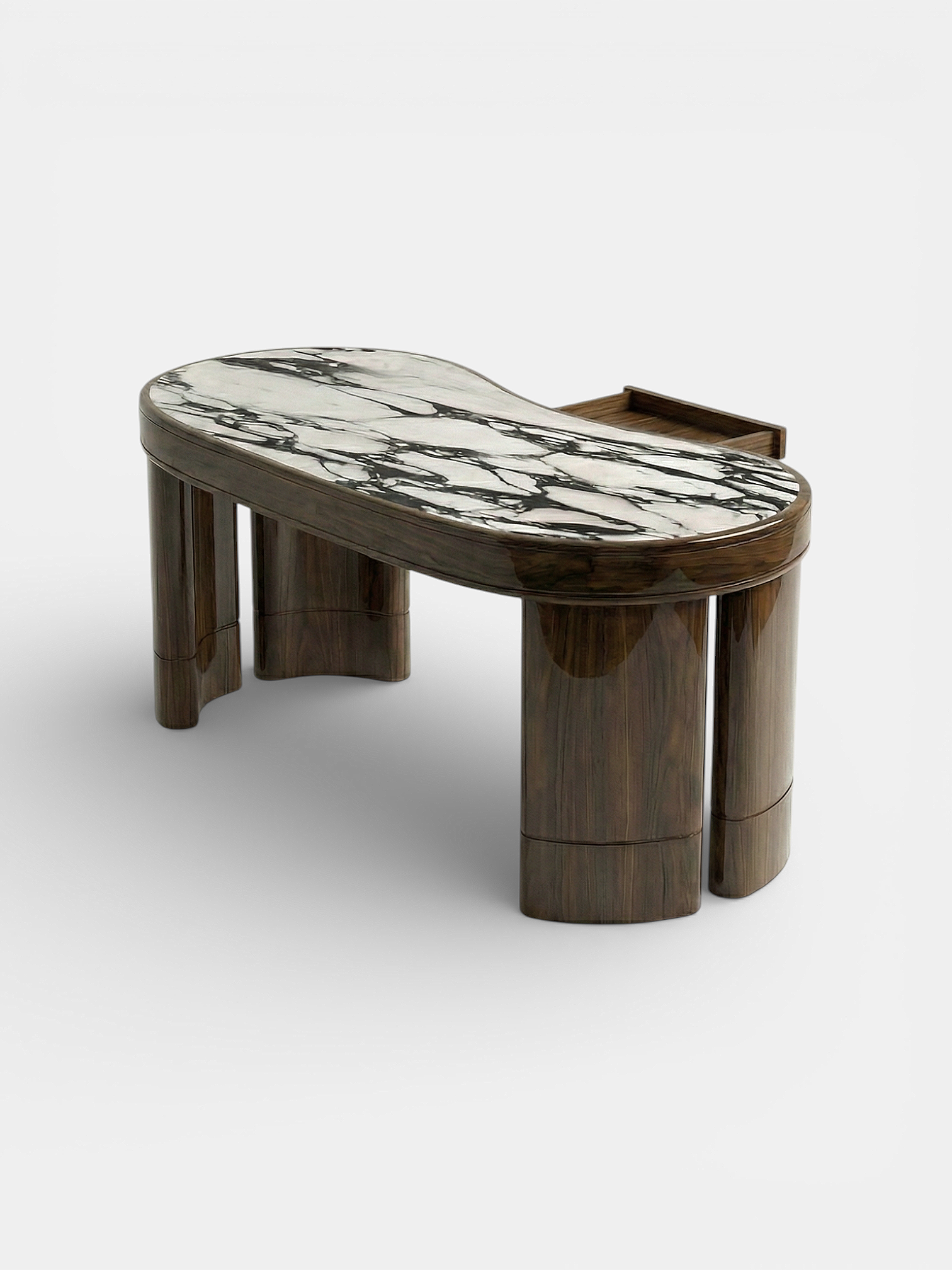 Premium Nicola desk glossy wood base with Calacatta Viola marble - three-quarter perspective view