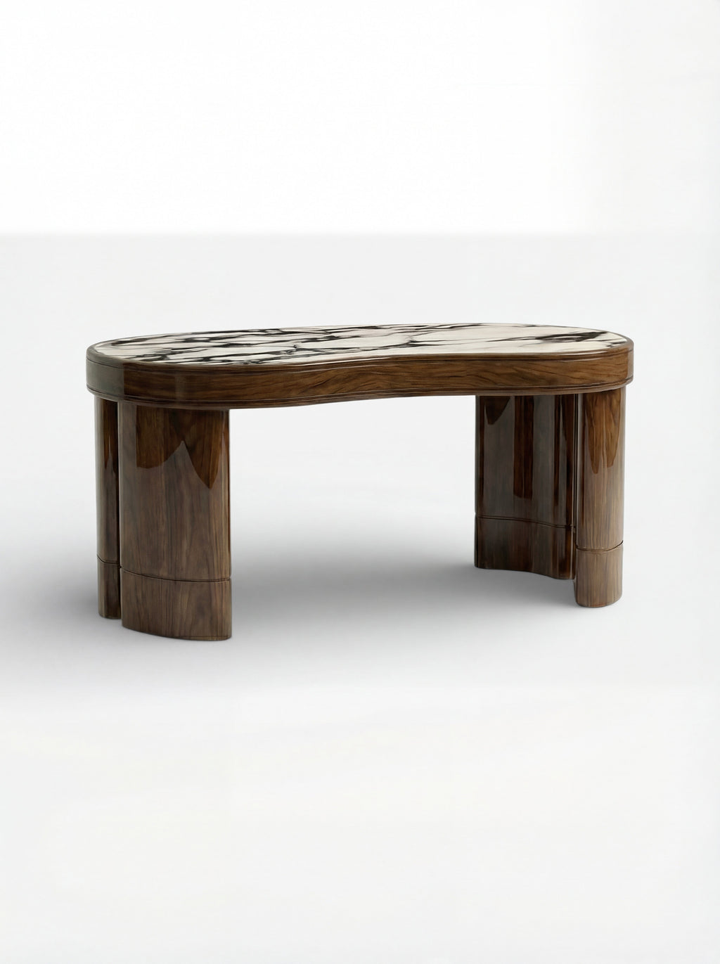 Italian Nicola workspace furniture - glossy wood and Calacatta Viola marble combination rear view