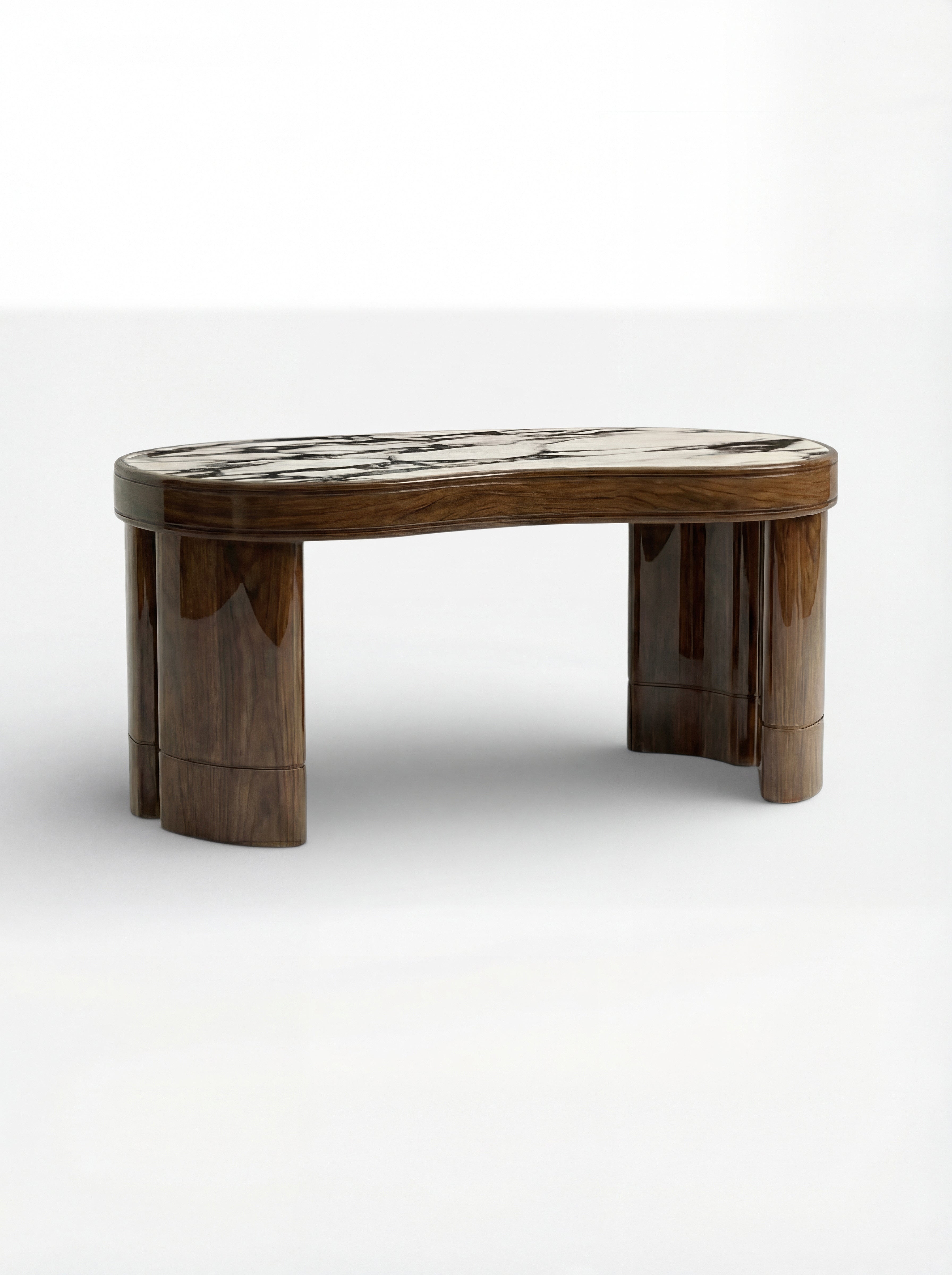 Italian Nicola workspace furniture - glossy wood and Calacatta Viola marble combination rear view