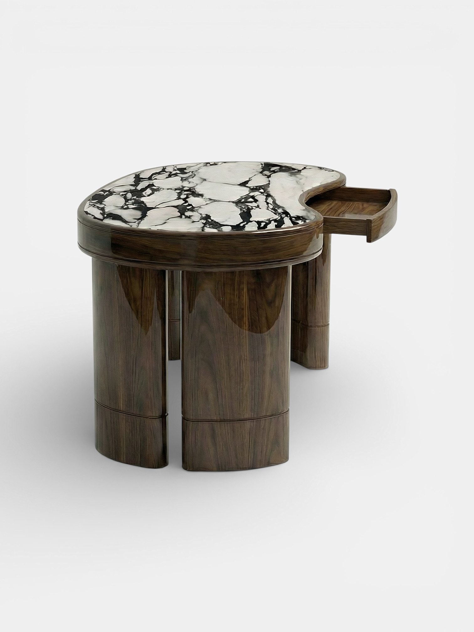 Italian Nicola desk in glossy wood with Calacatta Viola marble top - front view showing material contrast