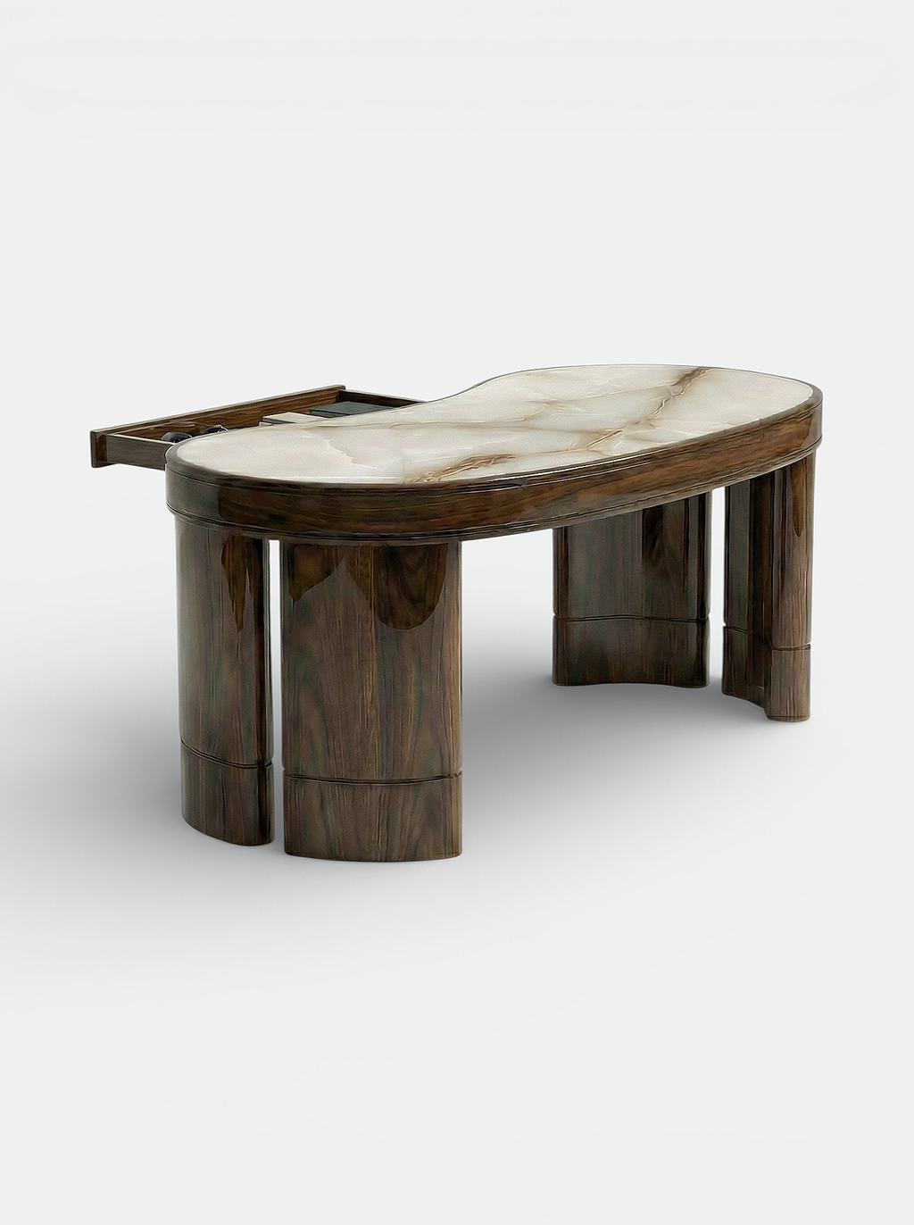 Italian Nicola desk glossy wood base Shell Onyx marble - side angle highlighting material combination