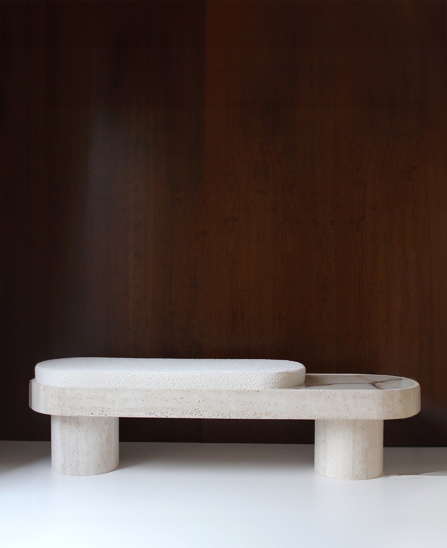 Premium Noto bench travertine stone white bouclette - three-quarter angle view Italian furniture