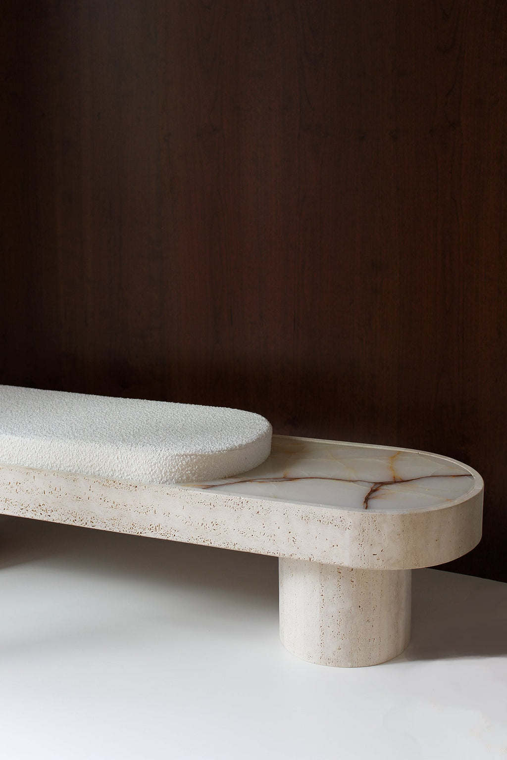 Handcrafted Noto bench travertine and white bouclette - alternate perspective luxury seating