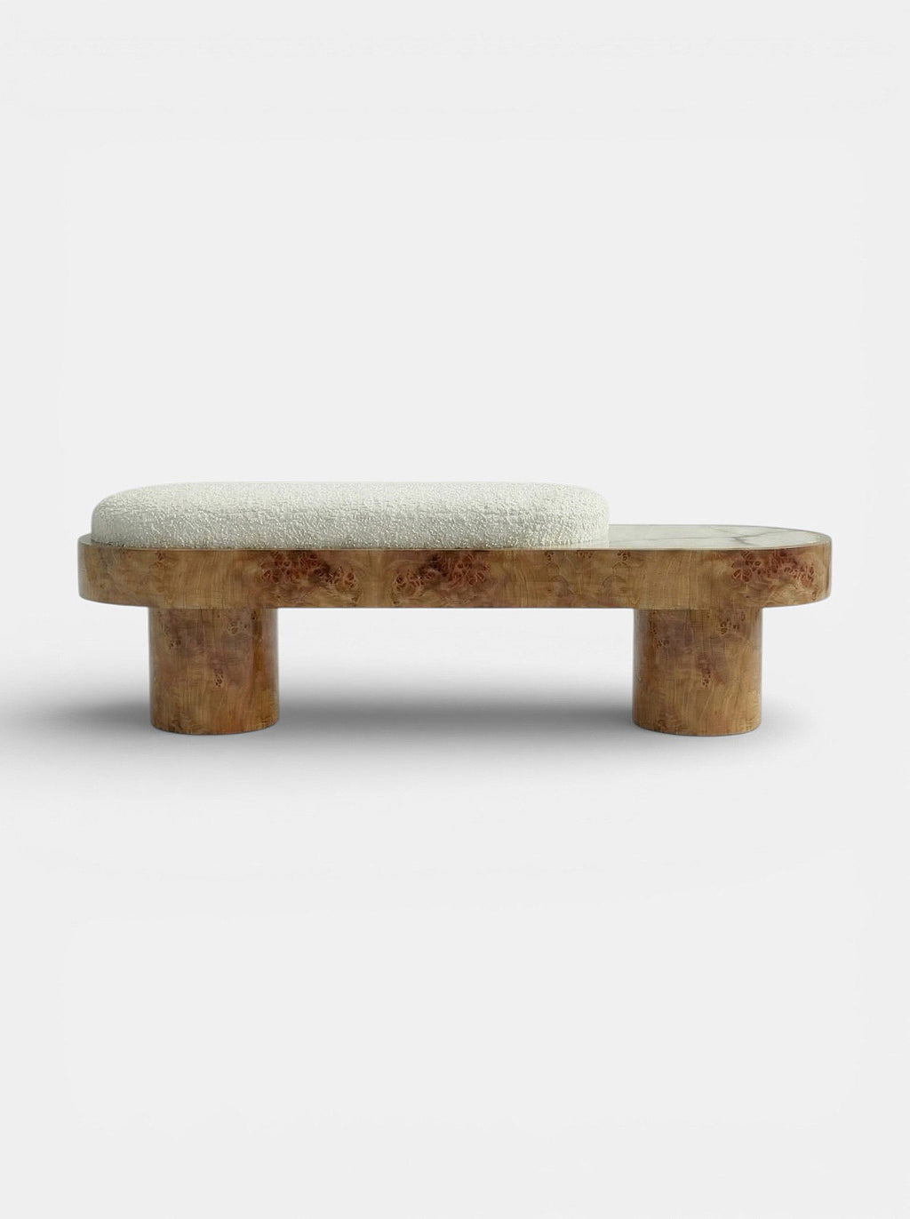 Italian luxury Noto bench with burl wood base and shell onyx top, modern marble furniture design