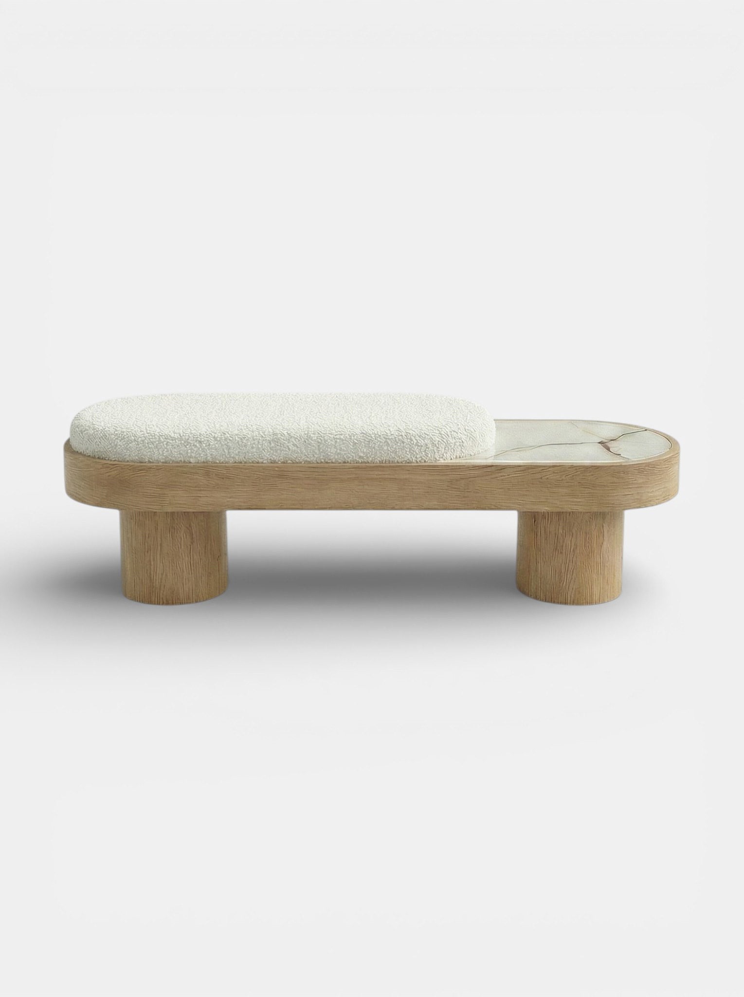 Noto luxury bench with oak wood and shell onyx combination, Italian crafted marble furniture design