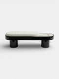 MARBERA Noto bench black lacquered wood with Shell Onyx marble - front view luxury seating furniture
