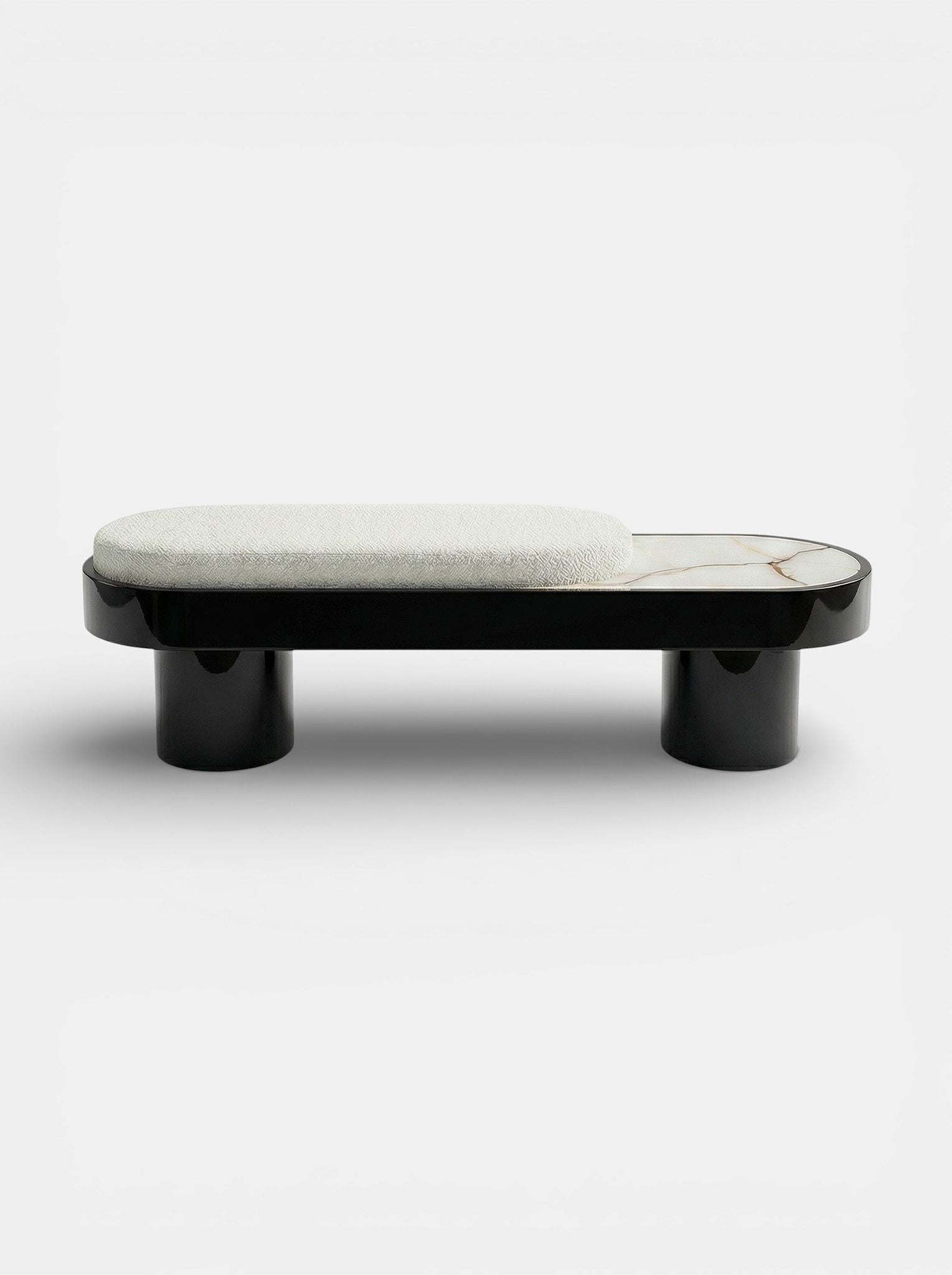 MARBERA Noto bench black lacquered wood with Shell Onyx marble - front view luxury seating furniture