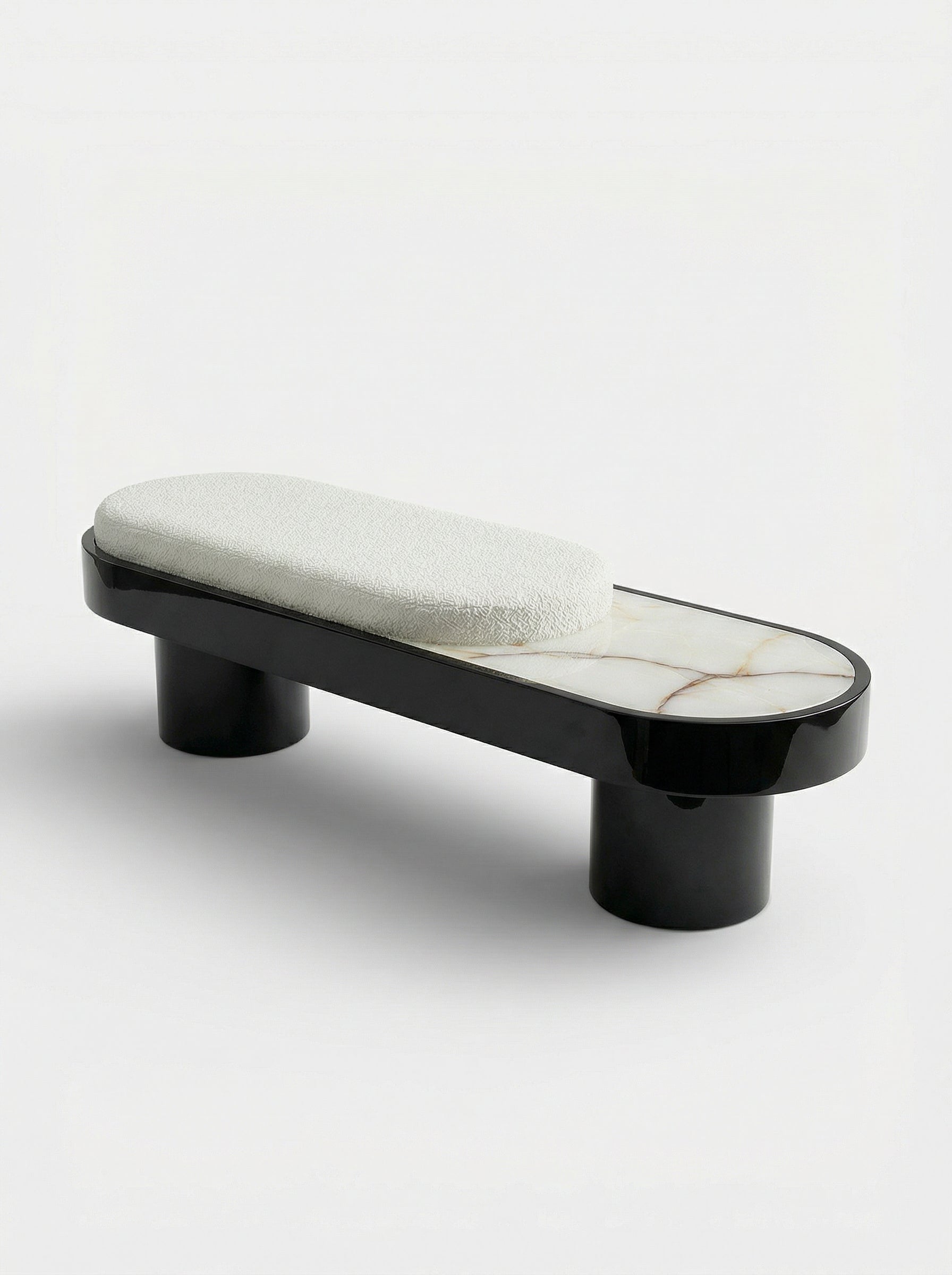 Italian Noto bench black lacquer Shell Onyx - left three-quarter view showing material contrast