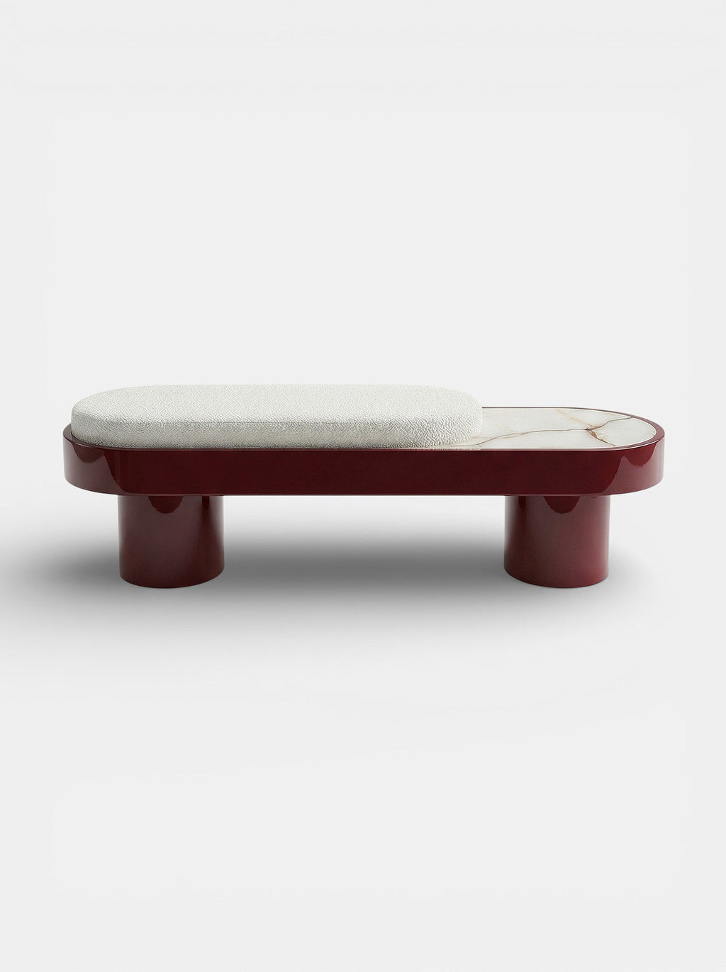 MARBERA Noto bench bordeaux lacquered wood with Shell Onyx marble - front view luxury furniture