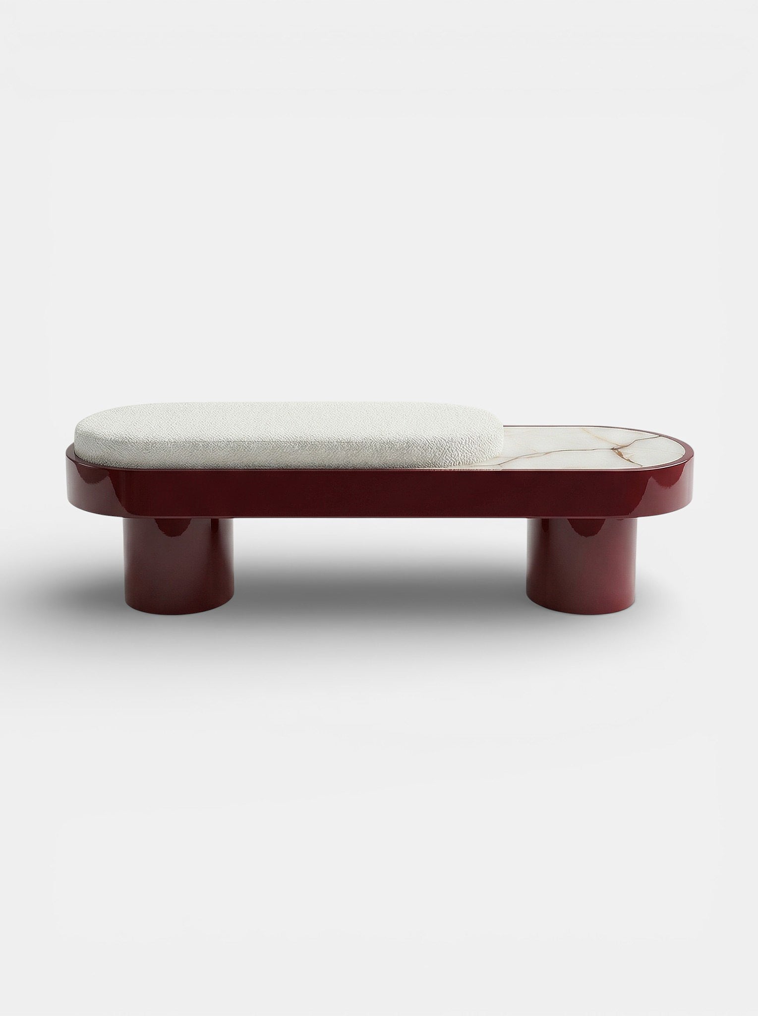 MARBERA Noto bench bordeaux lacquered wood with Shell Onyx marble - front view luxury furniture