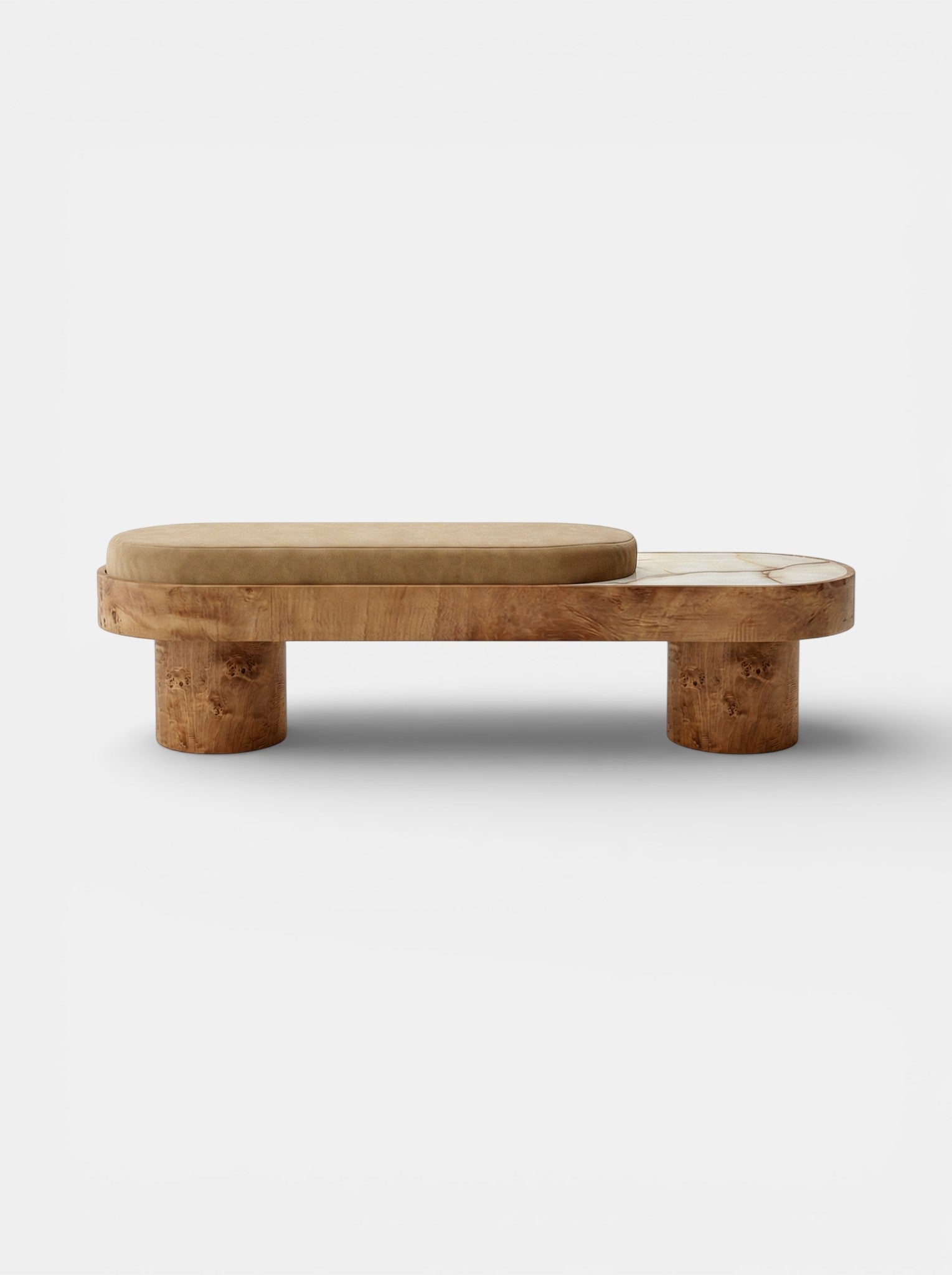 Noto luxury bench with burl wood, shell onyx and mohair upholstery, Italian marble furniture design