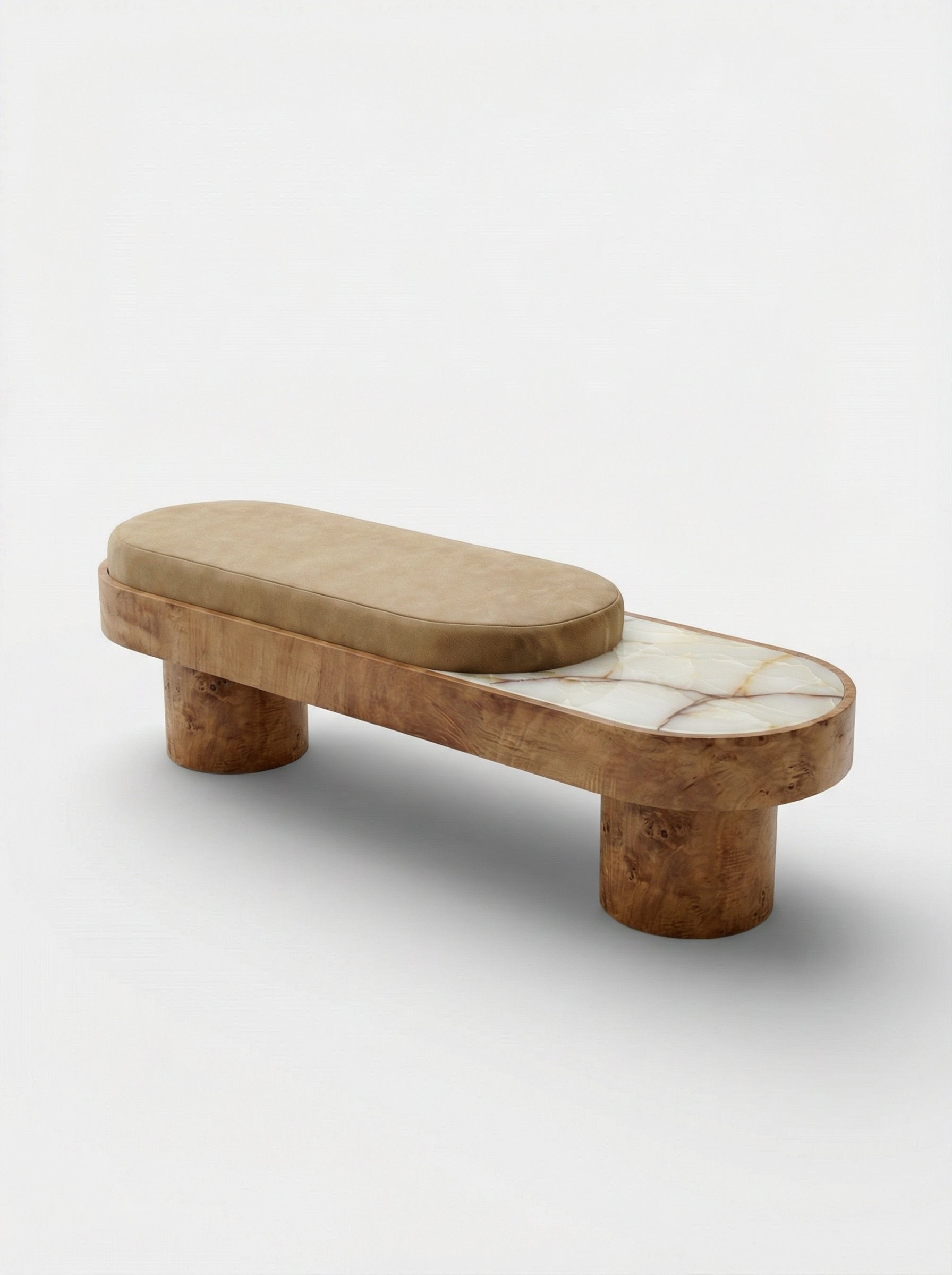 Right 3/4 view of Noto bench with burl wood base, shell onyx and mohair, luxury Italian furniture