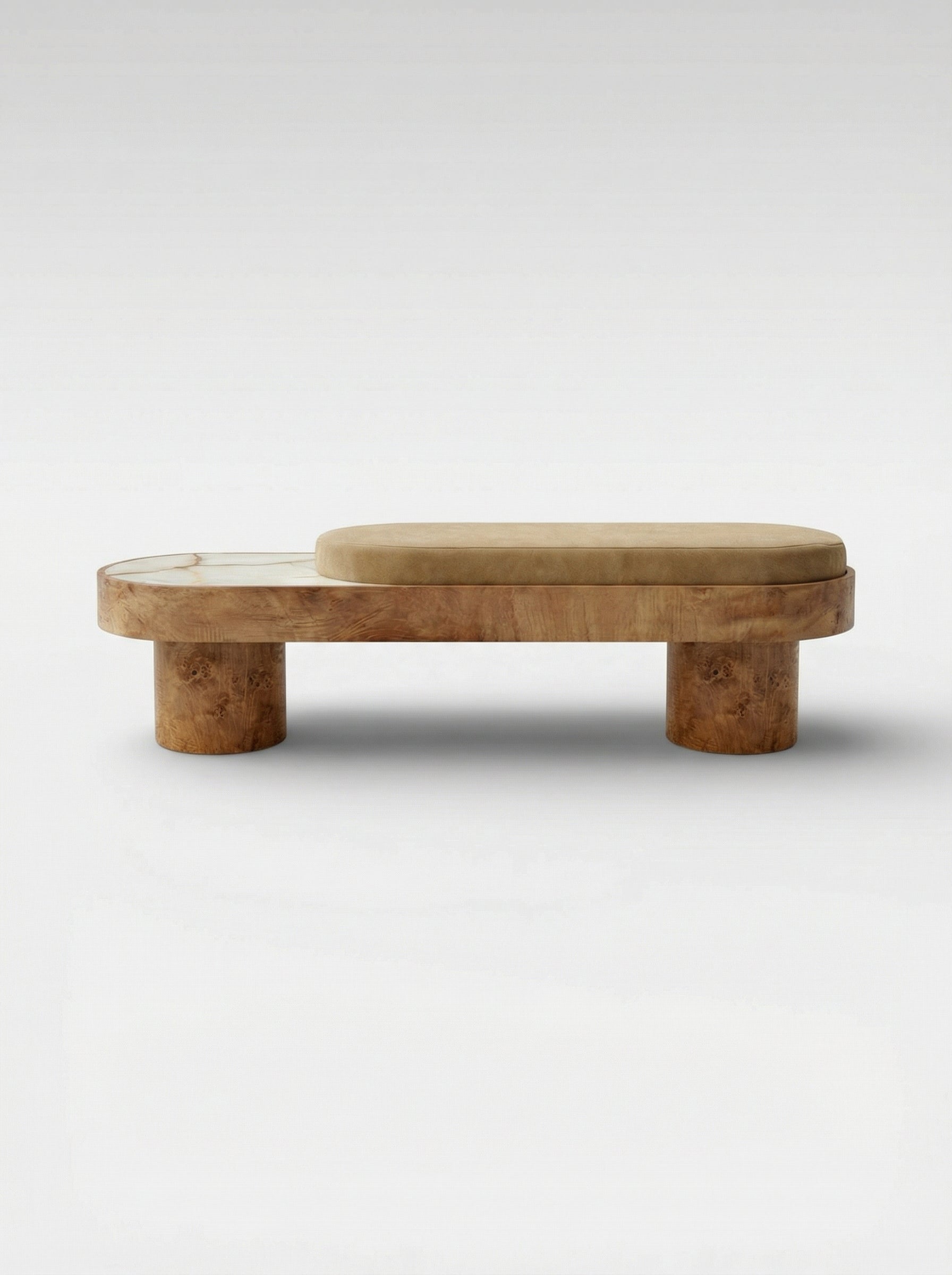 Back view of Noto bench with burl wood and shell onyx base, mohair upholstery, luxury Italian design