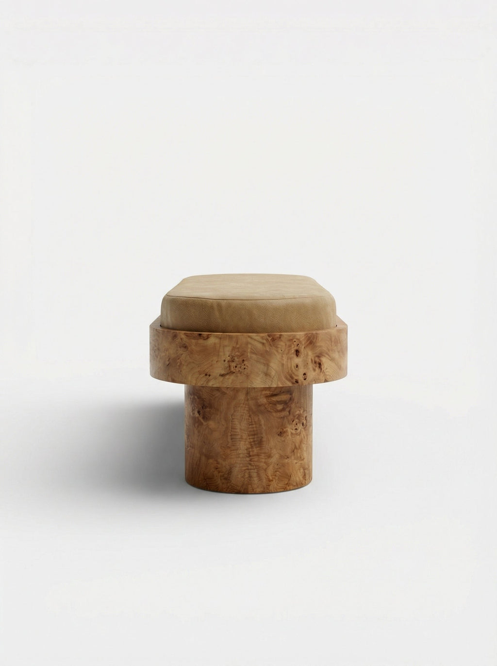 Front view of Noto bench with burl wood, shell onyx and mohair, Italian luxury marble furniture