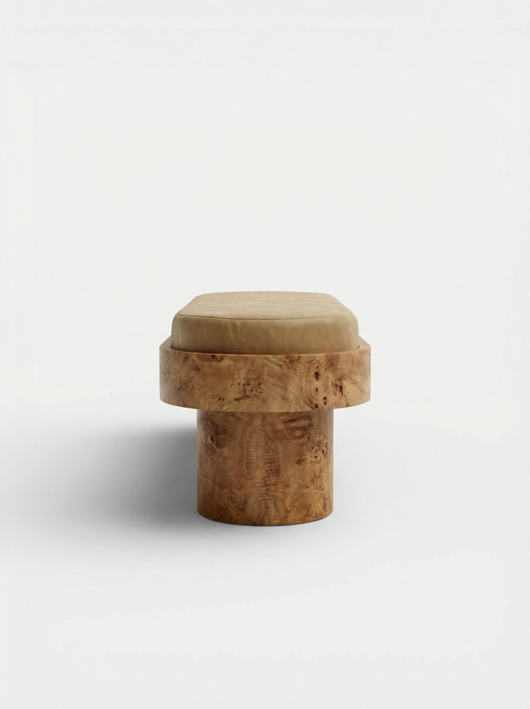 Front view of Noto bench with burl wood, shell onyx and mohair, Italian luxury marble furniture