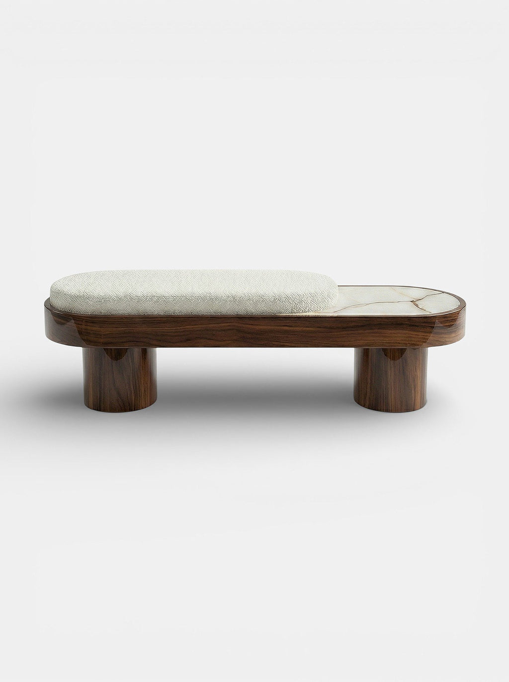 Noto luxury bench with glossy wood and shell onyx, Italian crafted modern marble furniture design