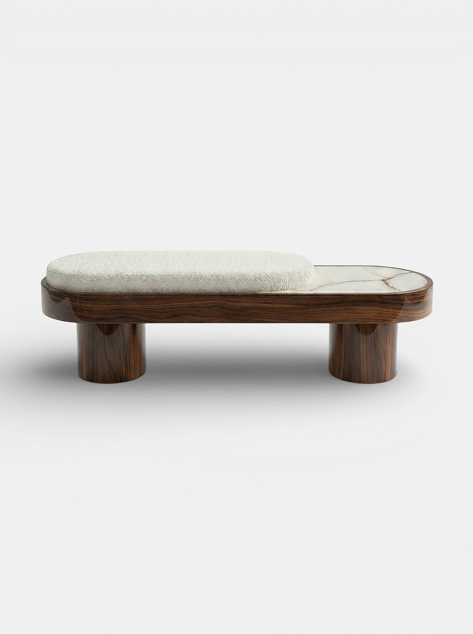 Noto luxury bench with glossy wood and shell onyx, Italian crafted modern marble furniture design
