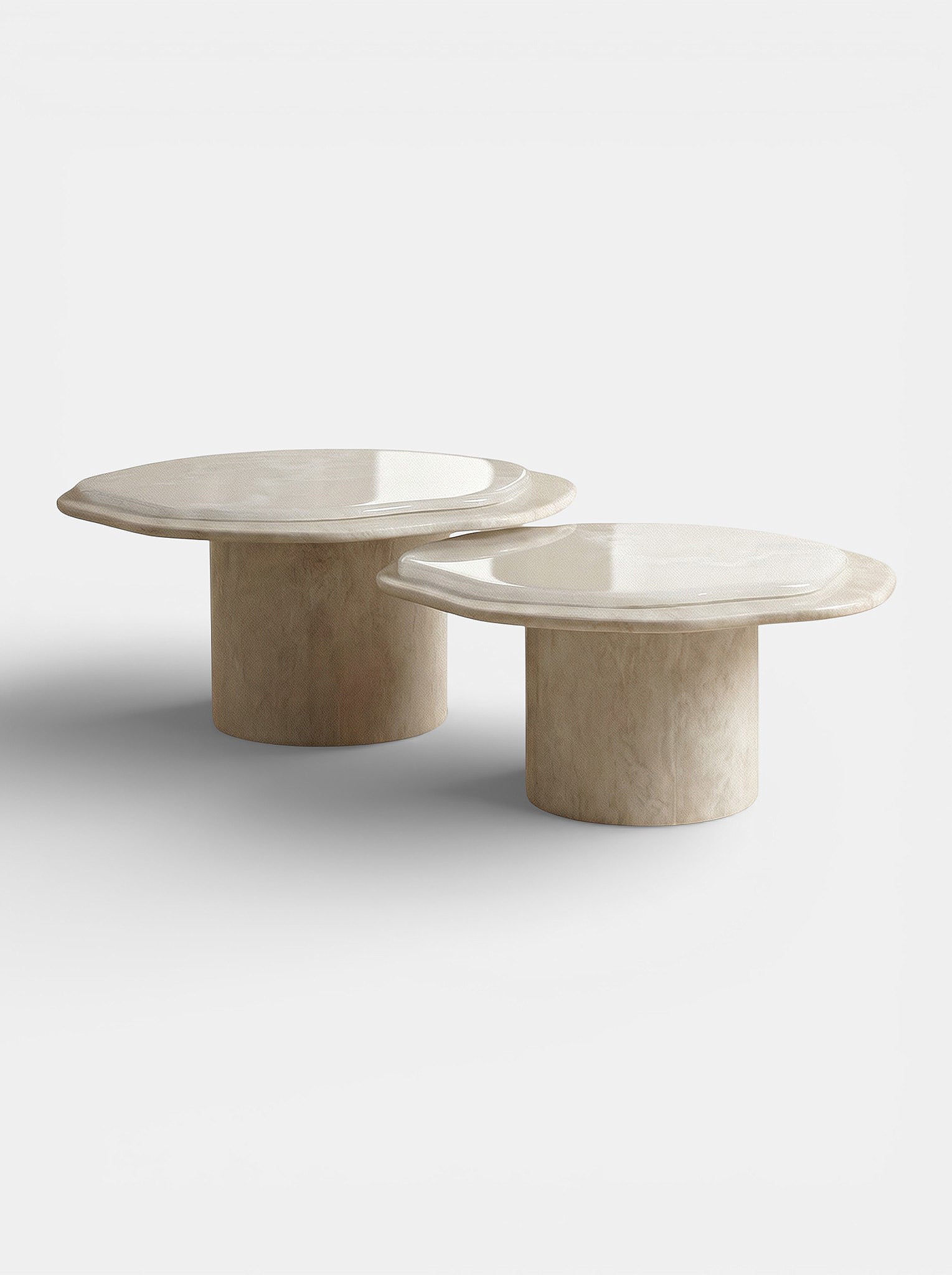 Nuga Duo coffee table with travertine and white onyx, Italian luxury marble furniture design