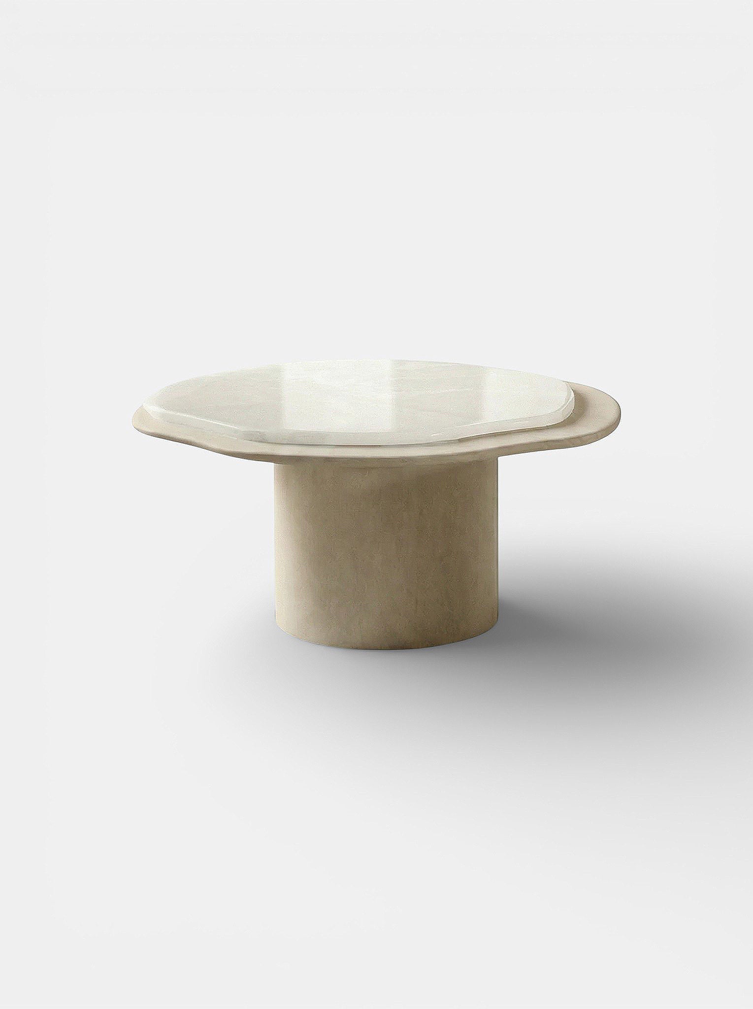 Nuga Solo coffee table with travertine and white onyx, Italian luxury marble furniture design
